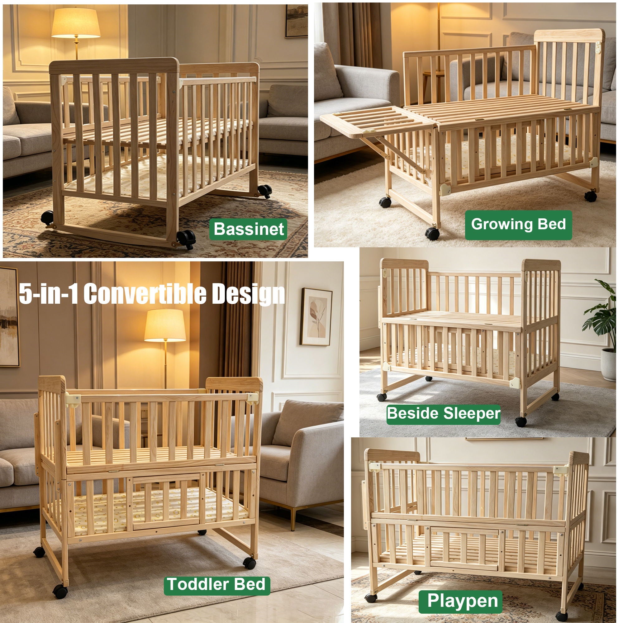 Portable Mini Baby Crib 5 In 1 Convertible With Foldable Storage - Natural Wood