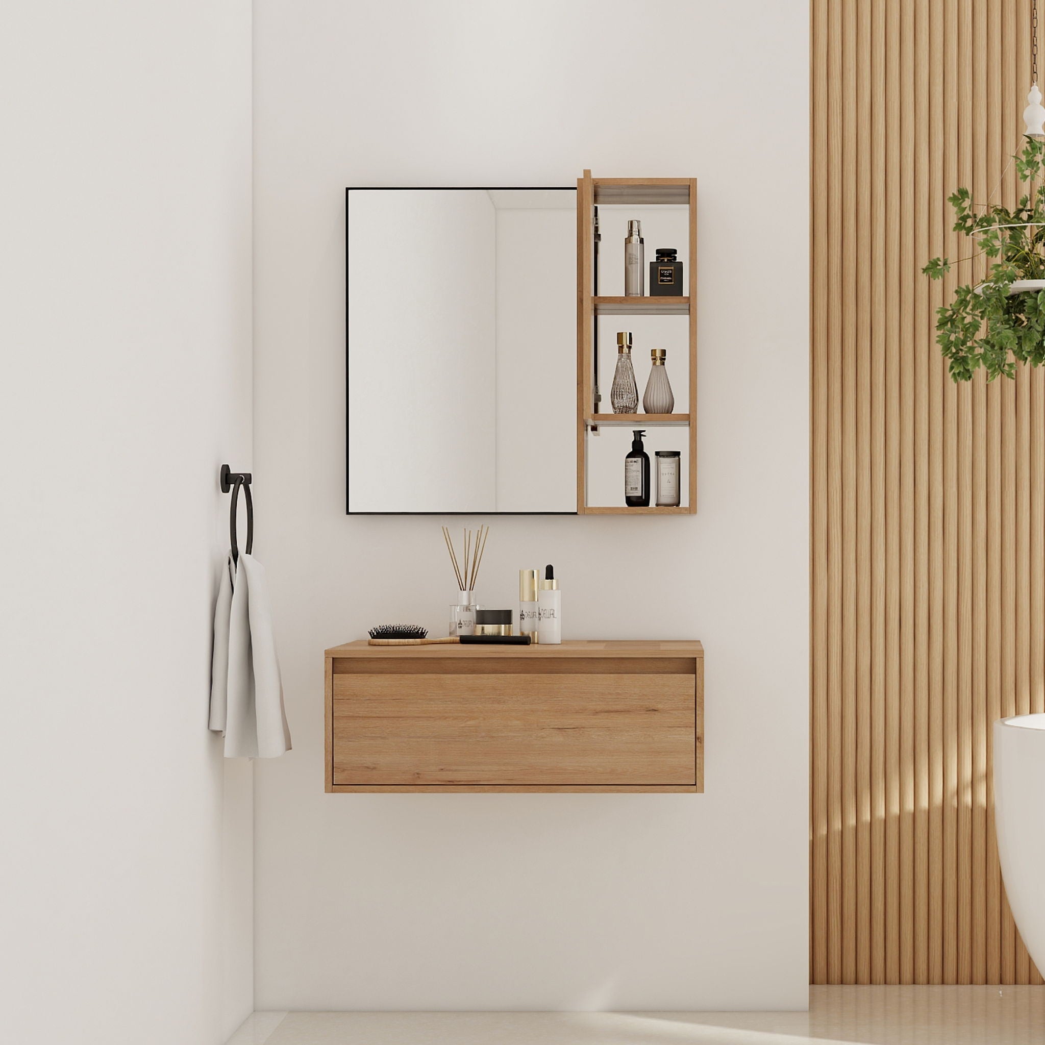 30" Wall Mounted Dressing Table With Mirror, Frame Storage Cabinet, Soft Close Door - Imitative Oak