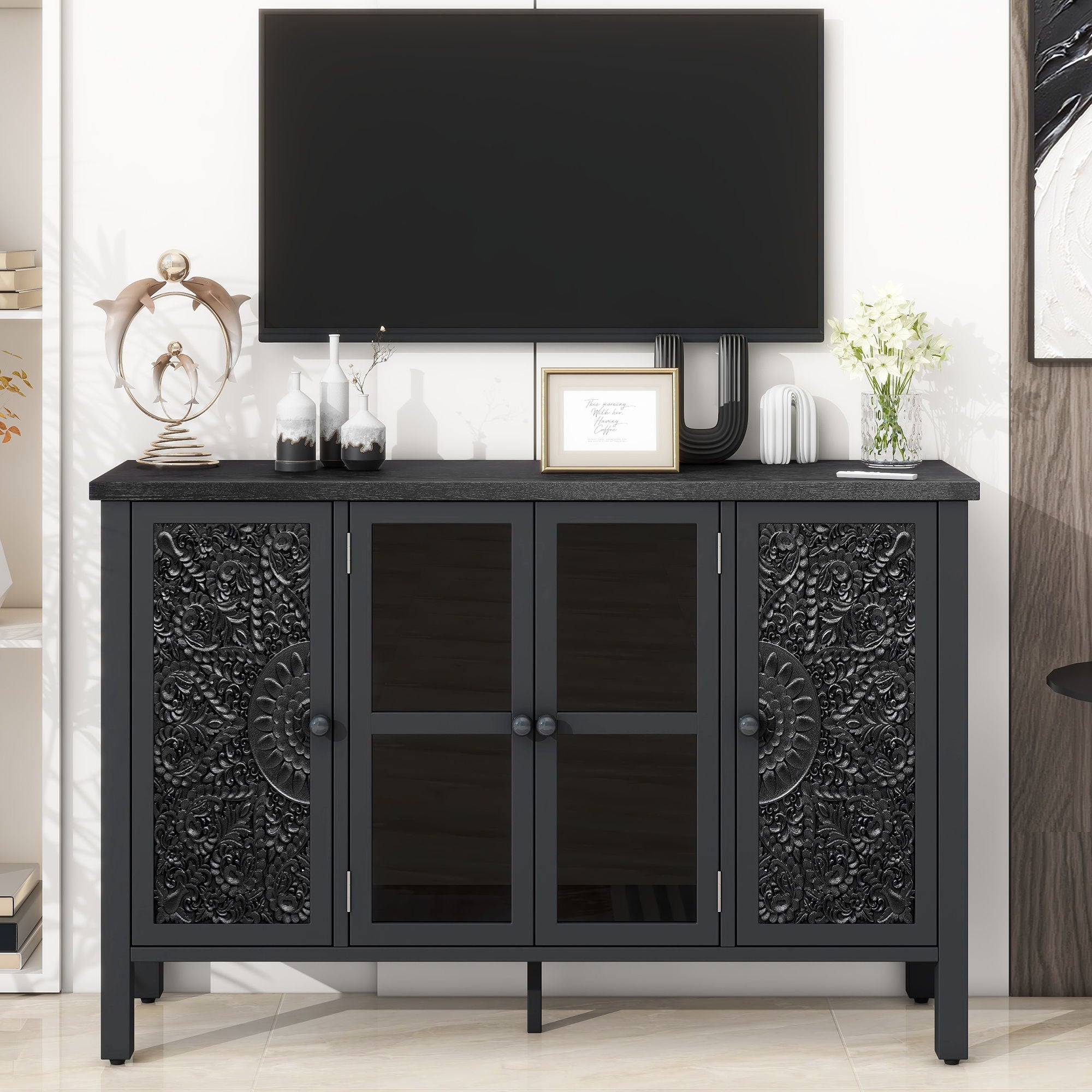 Retro TV Stand With 3 Spacious Cabinets, Glass Cabinet Doors And Anti-Tip Device