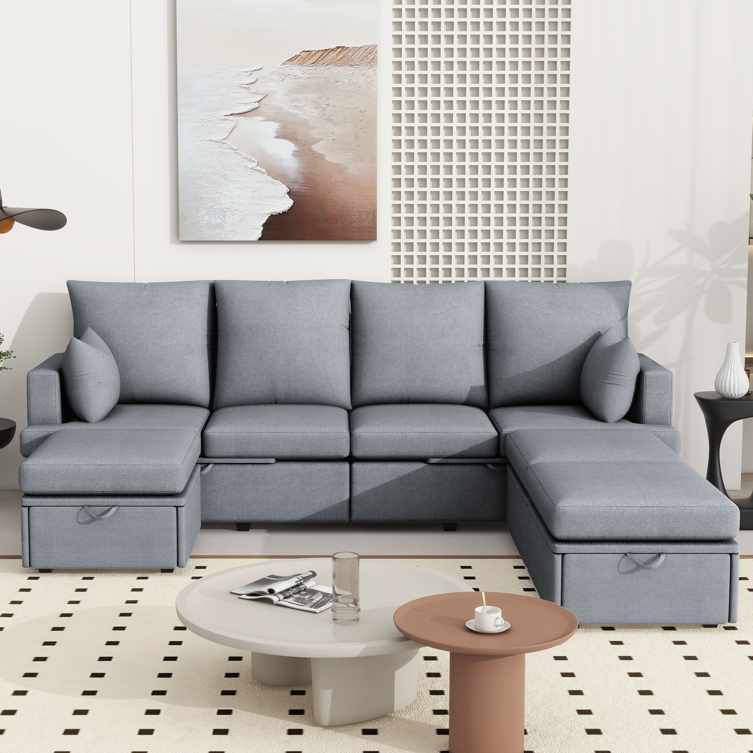 Modern Modular Sofa, 6 Seat Chenile Sectional Couch Set With 2 Pilows Included, Freely Combinable