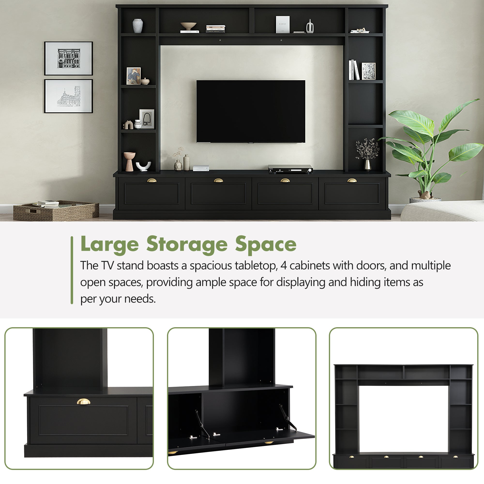 Large Wall Unit Entertainment Center with Bookshelves for TVs Up to 78" Modern TV Console with Cabinets and Open Shelves, 4-in-1 TV Stand with Golden Handles, Black, 104.2&