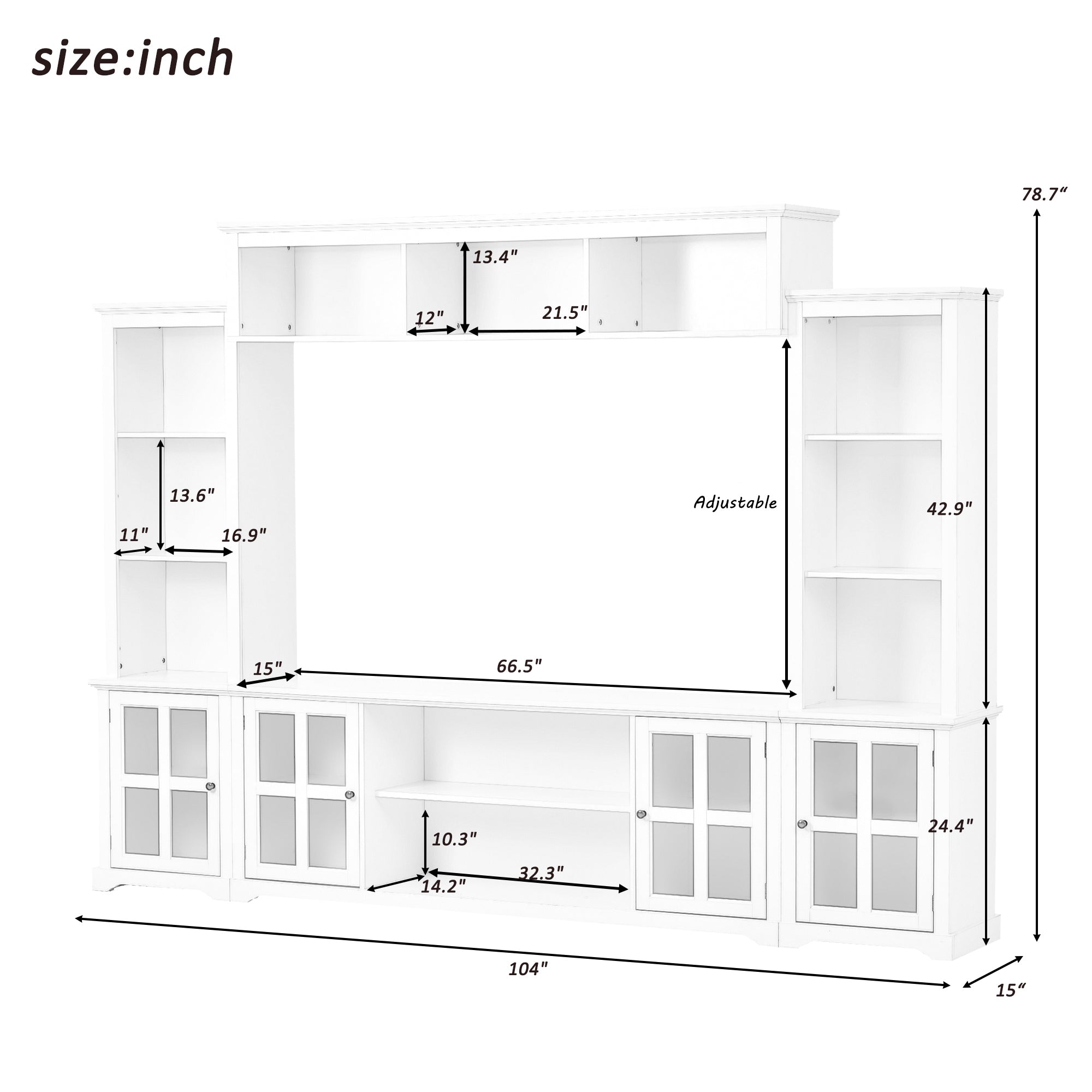 Entertainment Wall Unit with Bridge, Modern TV Console Table for TVs Up to 70", Multifunctional TV Stand with Tempered Glass Door, White