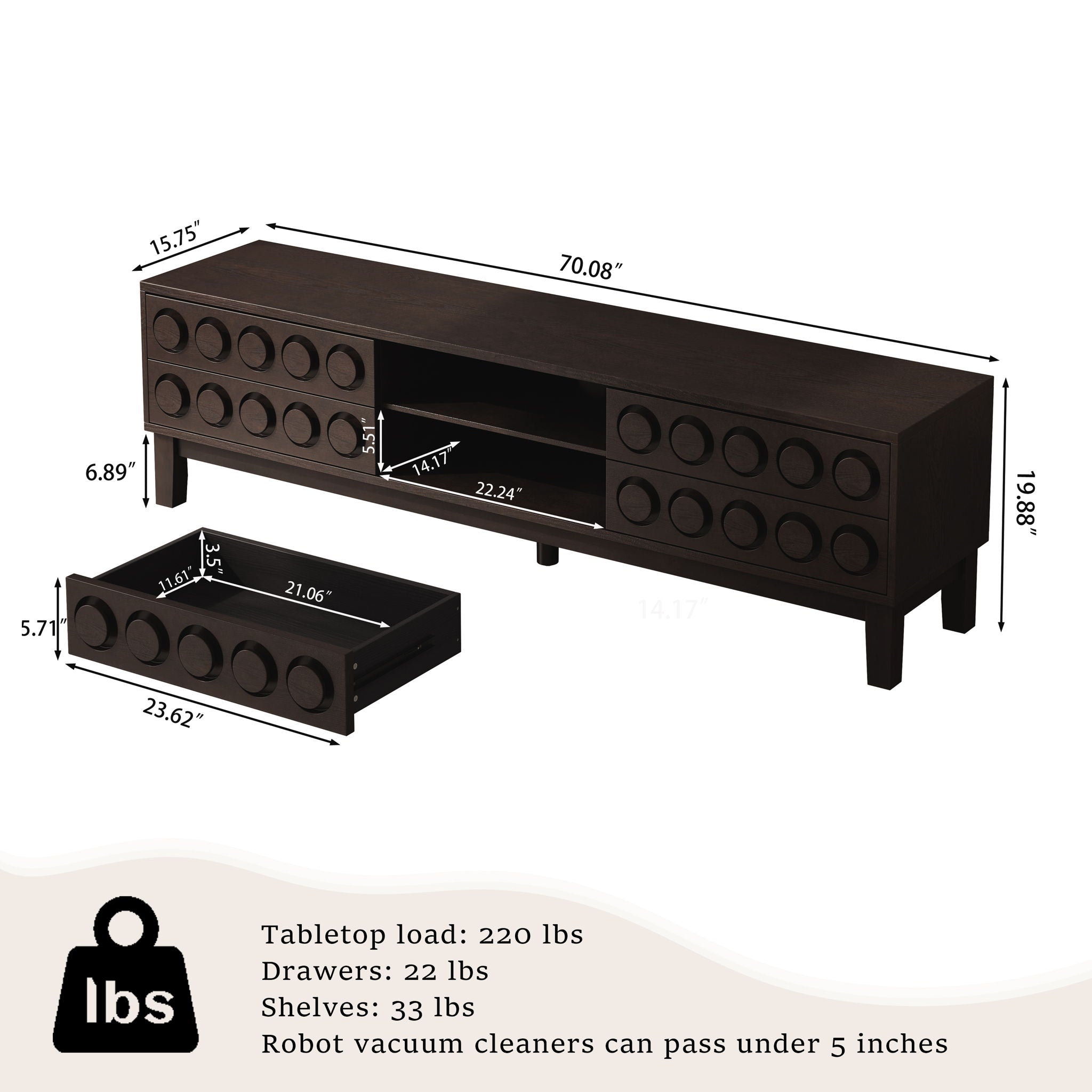 Media Console With 4 Drawers And Cable Management