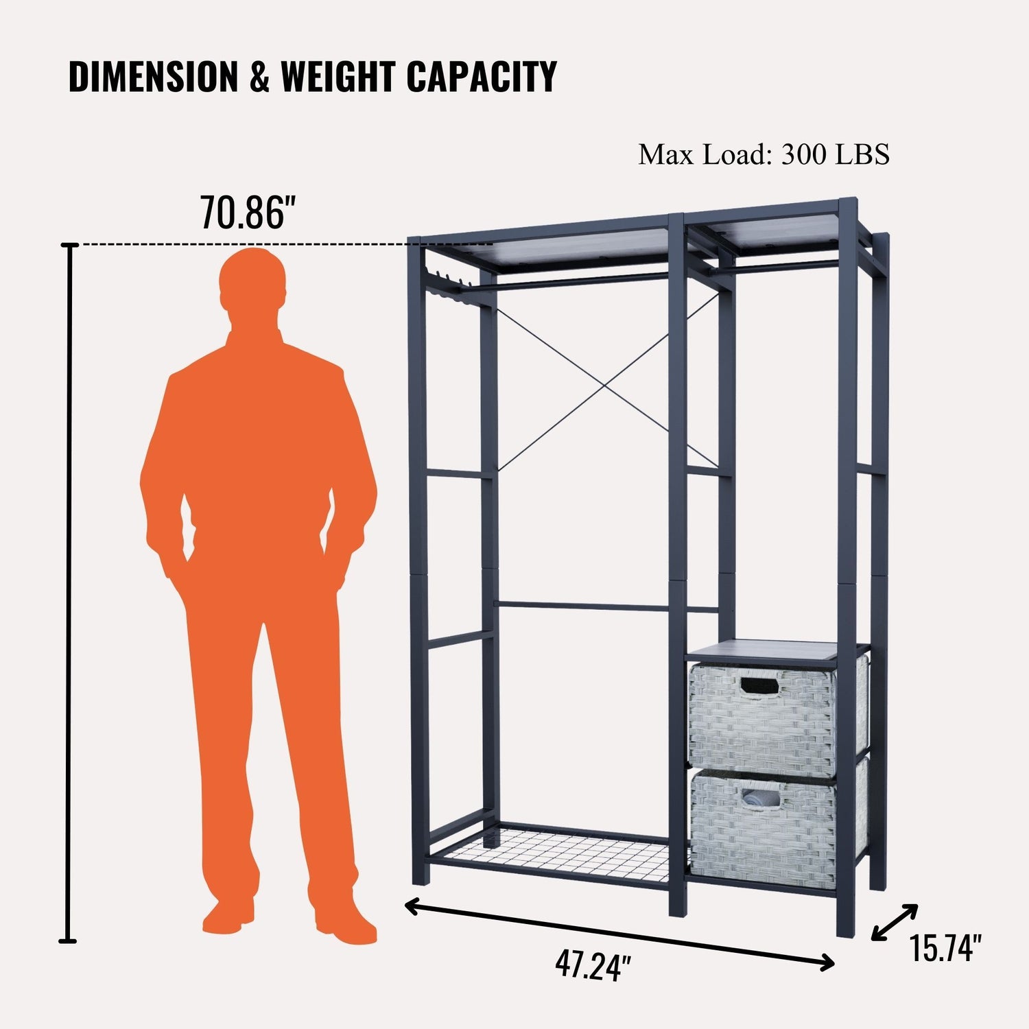Garment Rack With Shelves, 2 Wicker Drawers, 4 Hooks, Organizer