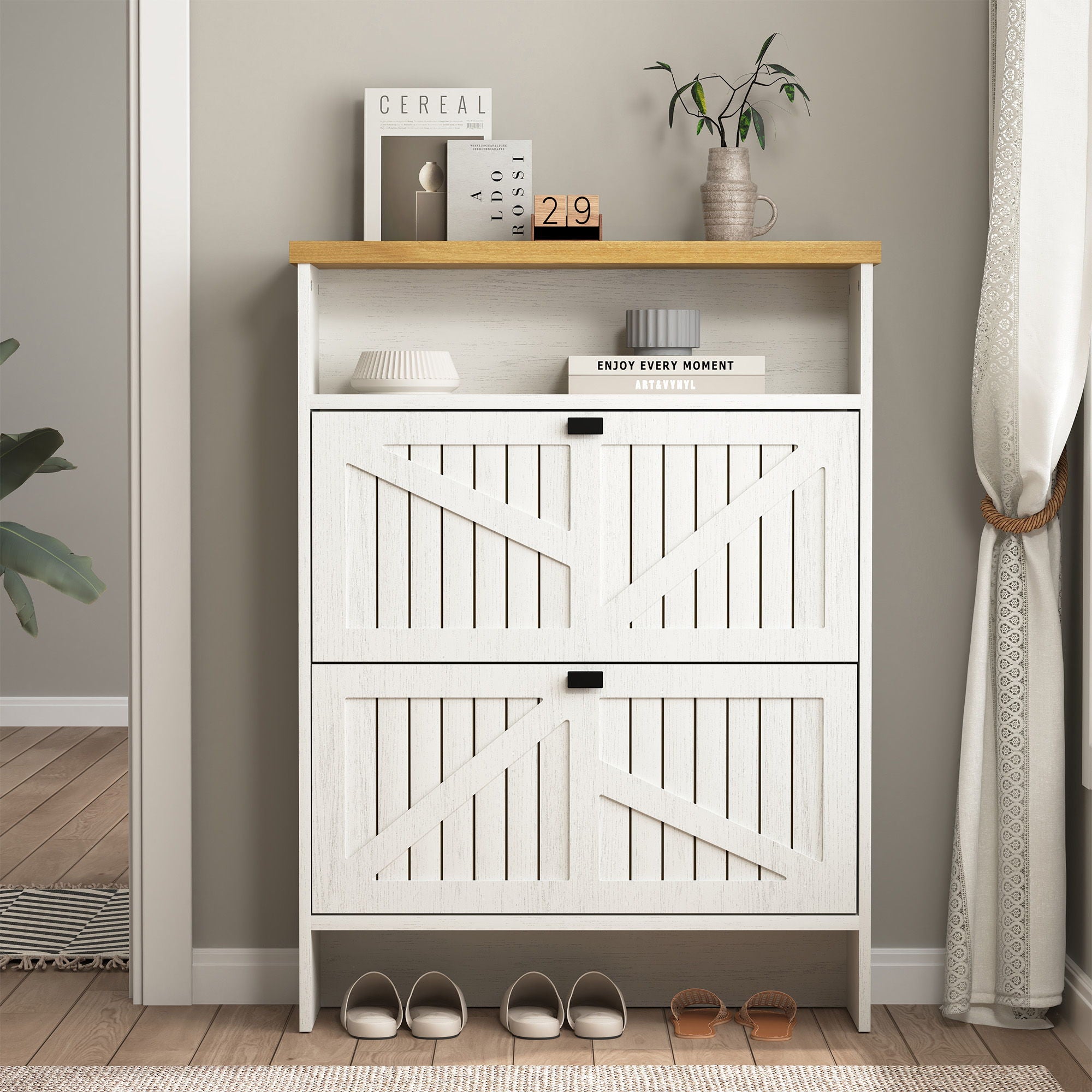 4 Layer Folding Shoe Cabinet With Metal Rounded Corners Convenient Shoe Storage - White