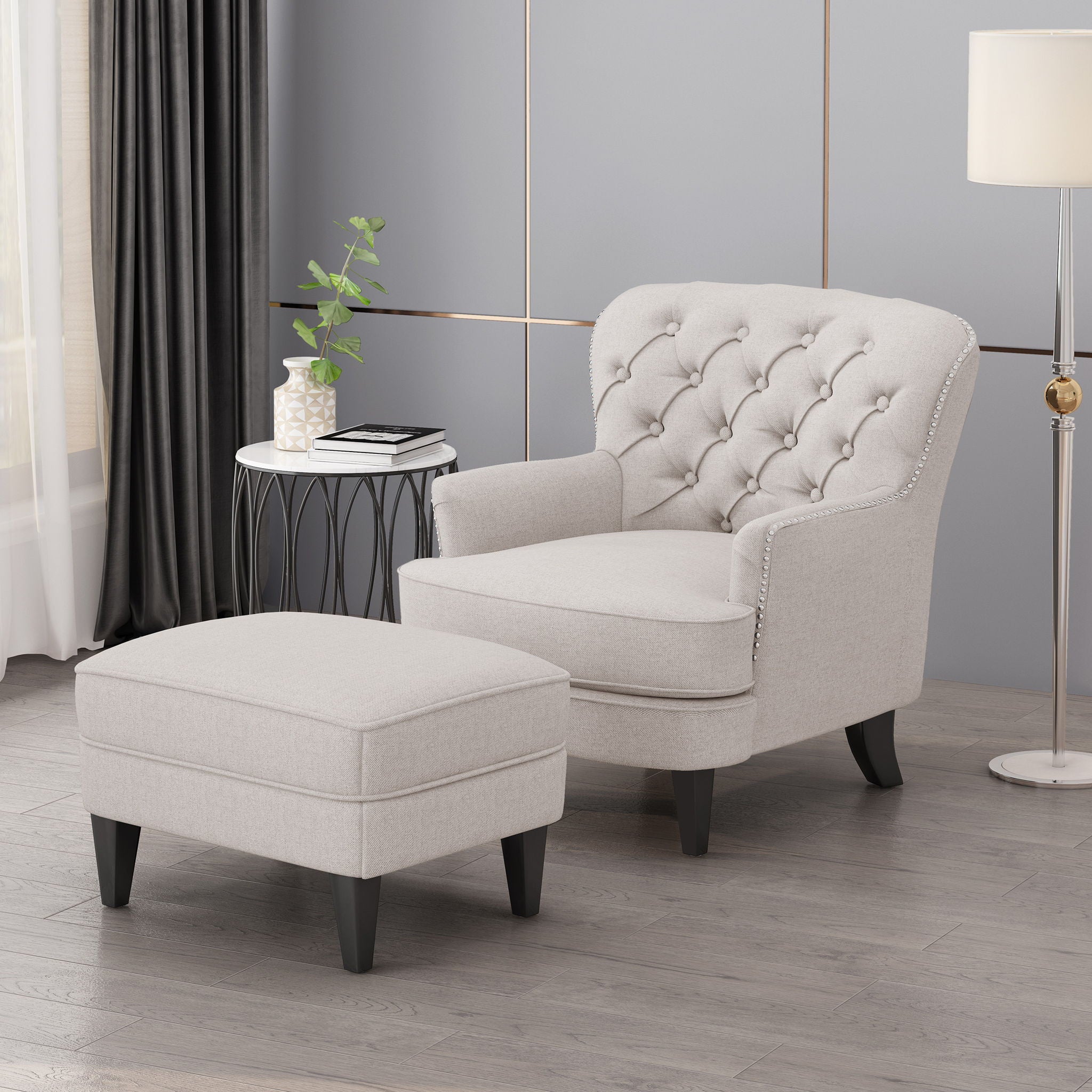 Stylish Club Chair And Ottoman Set With Birch Legs - Wheat