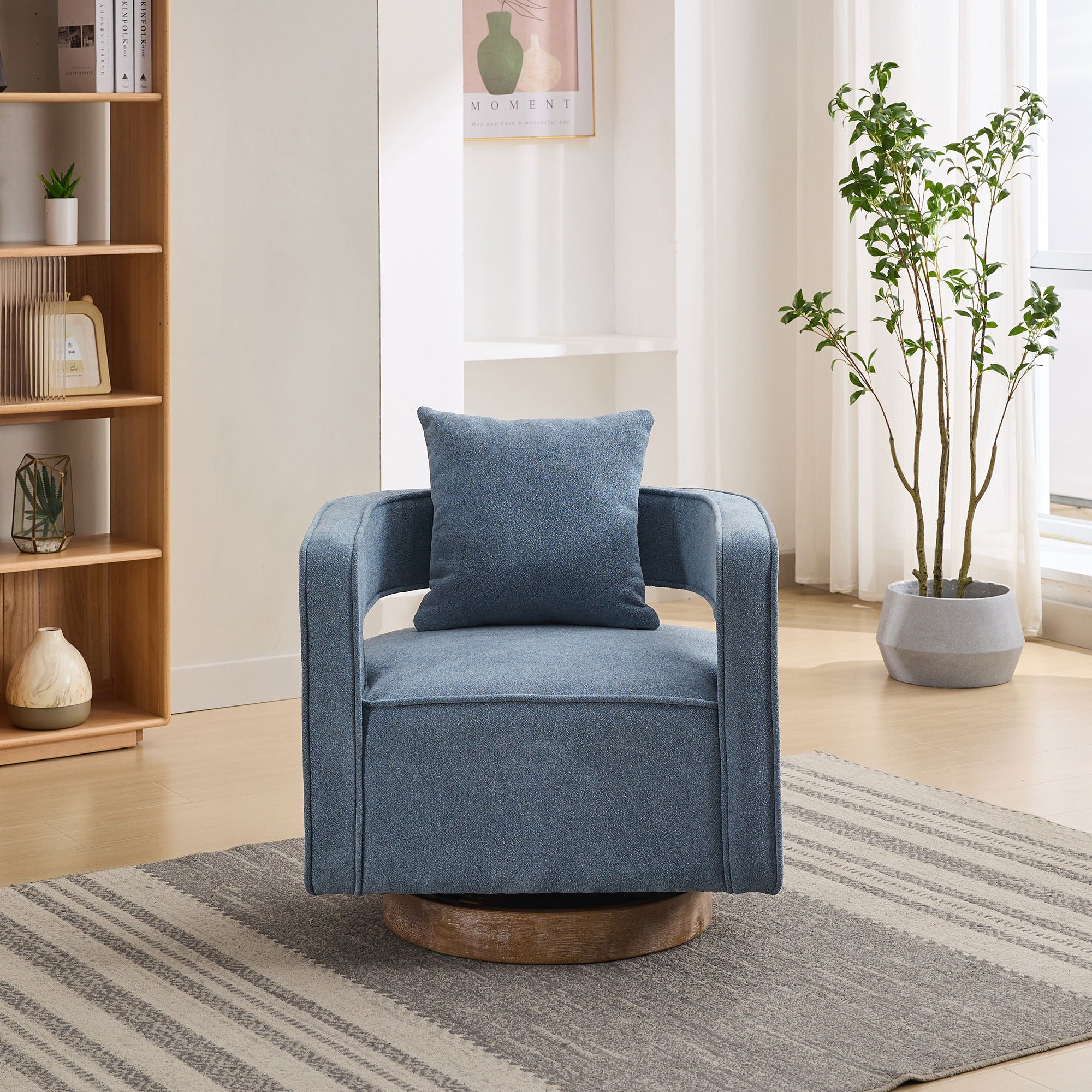 Swivel Accent Open Back Barrel Chair With Weathered Base