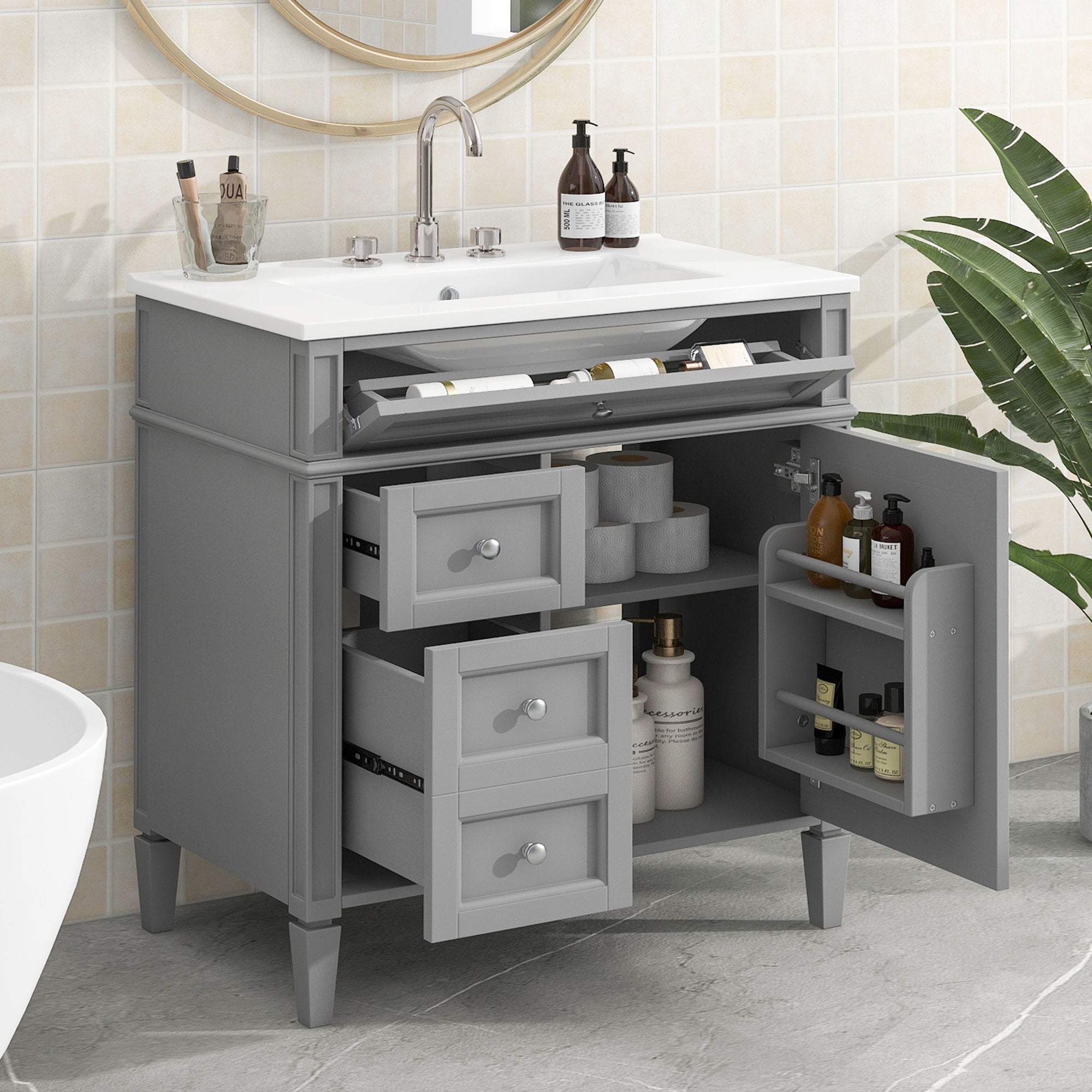 Bathroom Vanity With Top Sink, Storage Cabinet With 2 Drawers, Tip Out Drawer