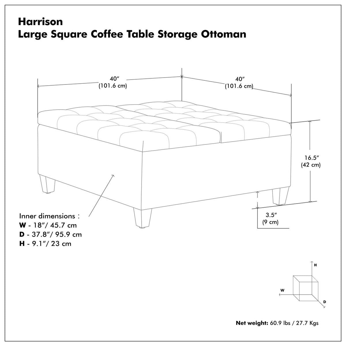 Harrison - Multifunctional Large Square Coffee Table Storage Ottoman - Gray