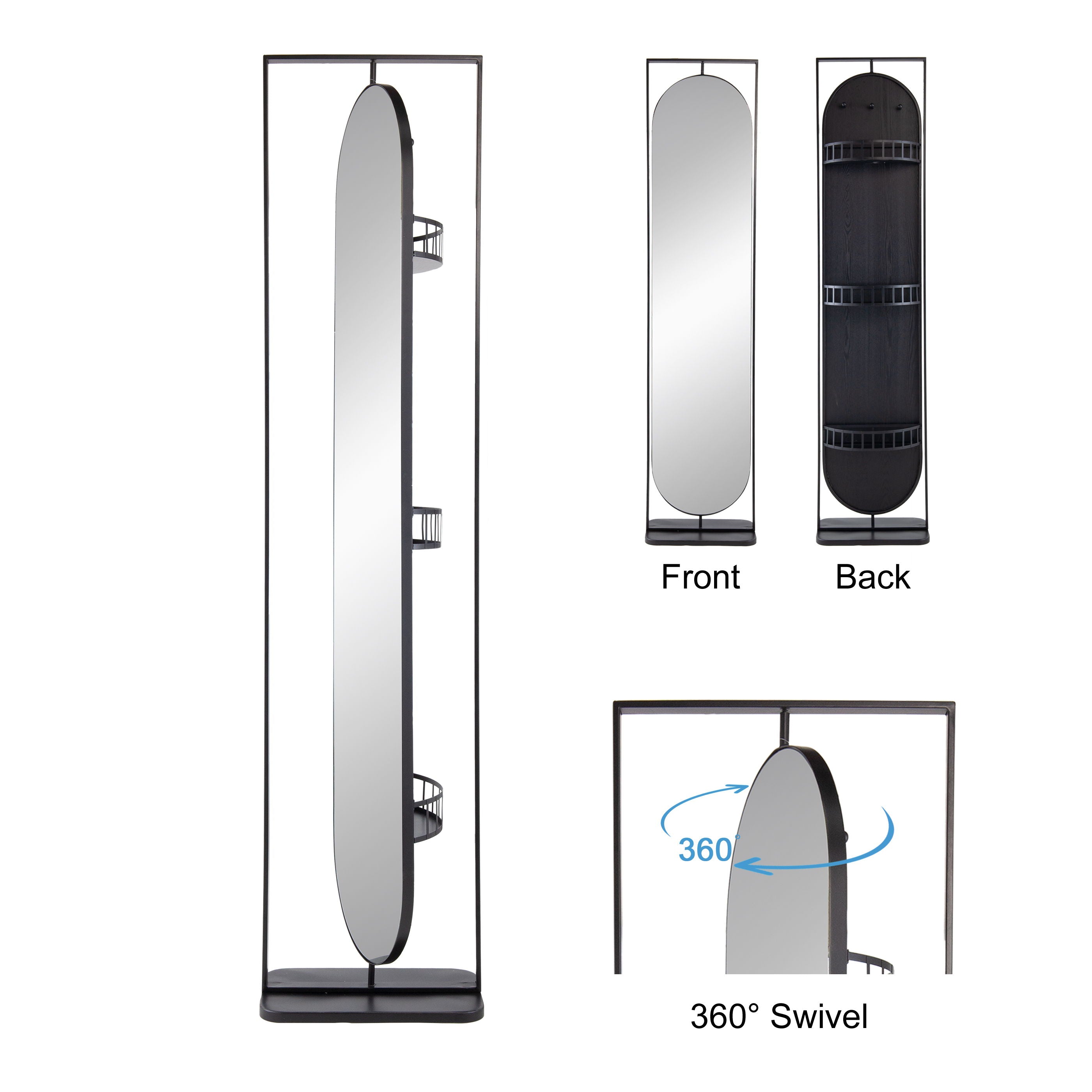 Full Length Standing Mirror, 360° Swivel Floor Mirror For Bedroom - Black