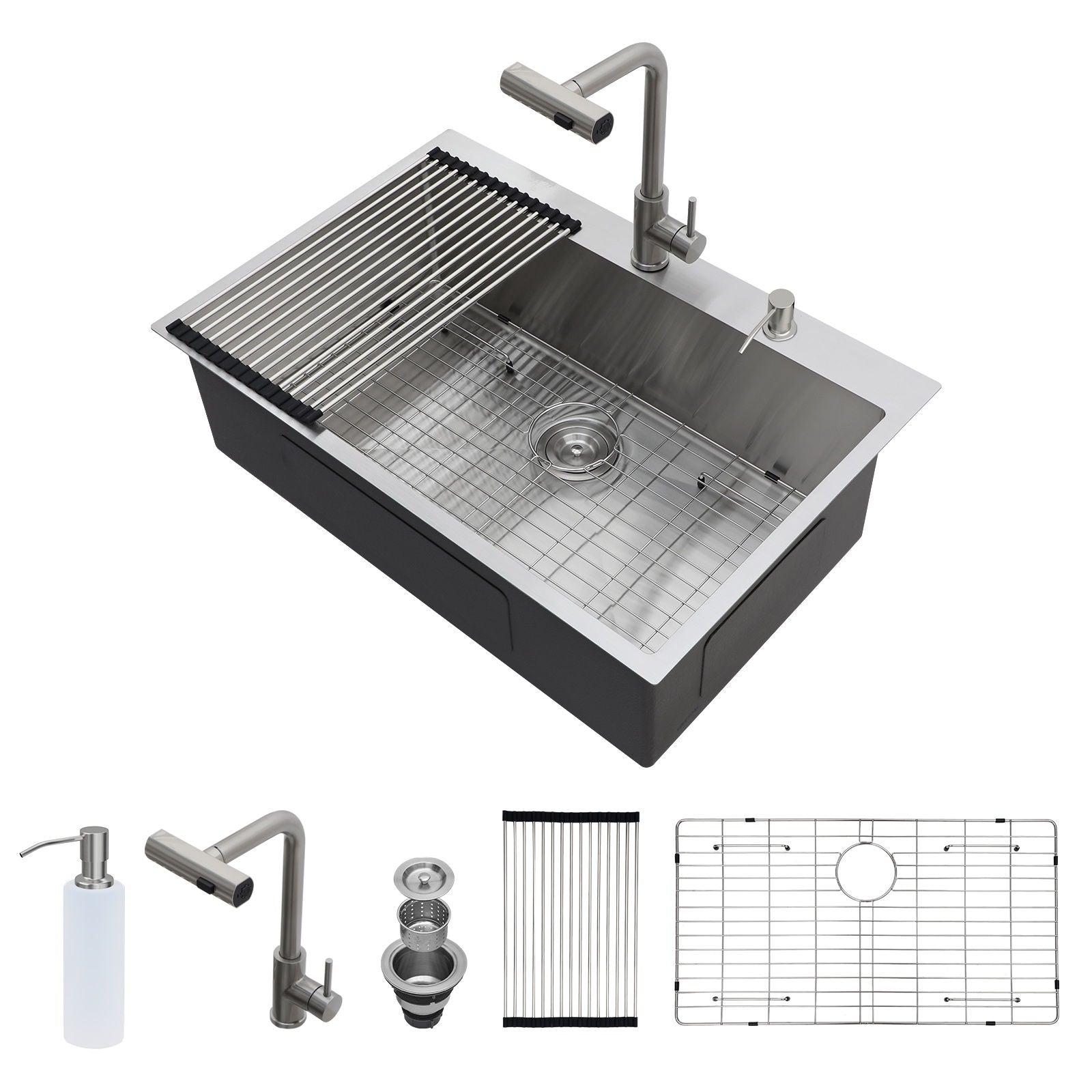 Drop In Kitchen Sink With Pull Down Faucet And Soap Dispenser