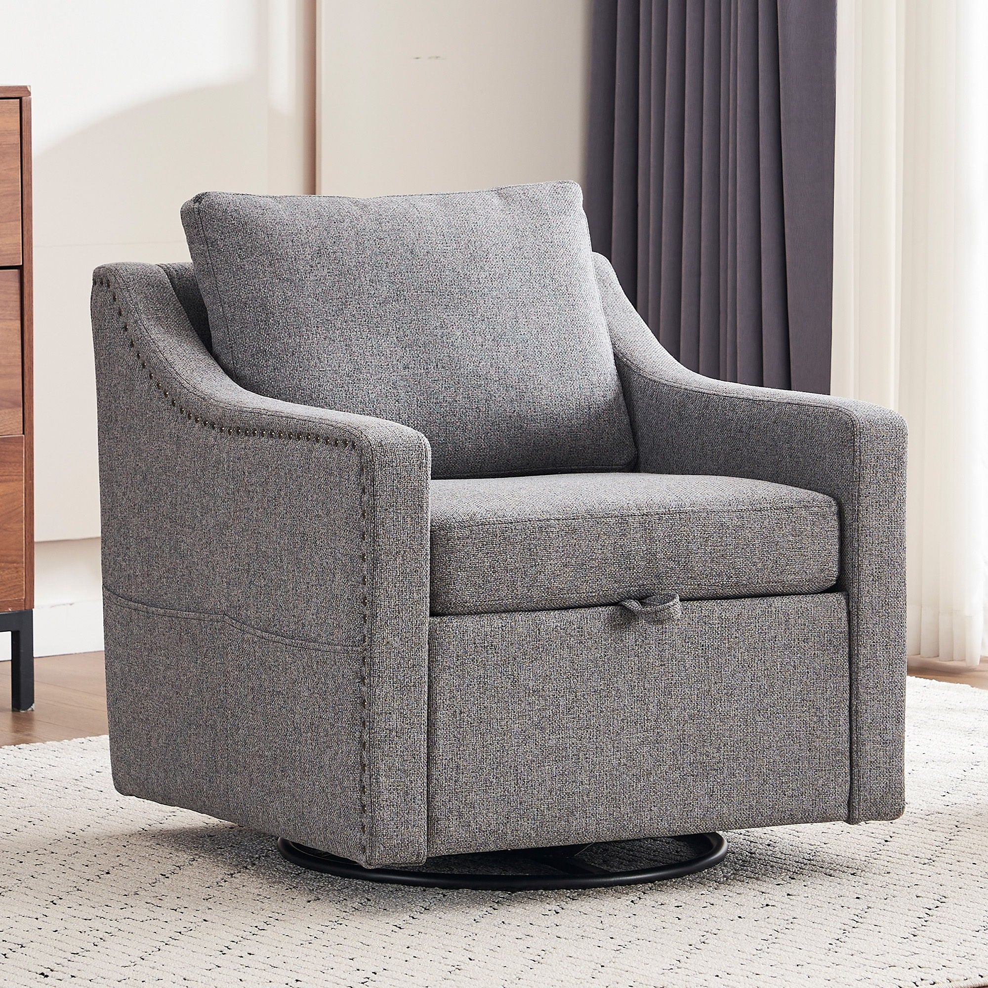 Linen Fabric 360° Swivel Accent Chair With Upholstered Back Pillow And Rivet Armrest