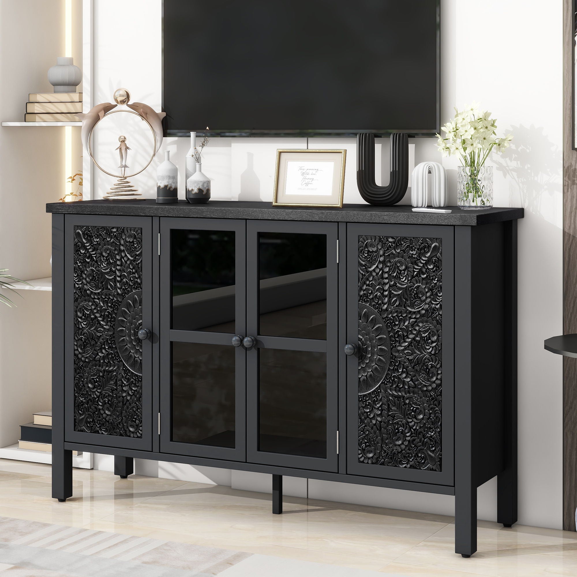 Retro TV Stand With 3 Spacious Cabinets, Glass Cabinet Doors And Anti-Tip Device