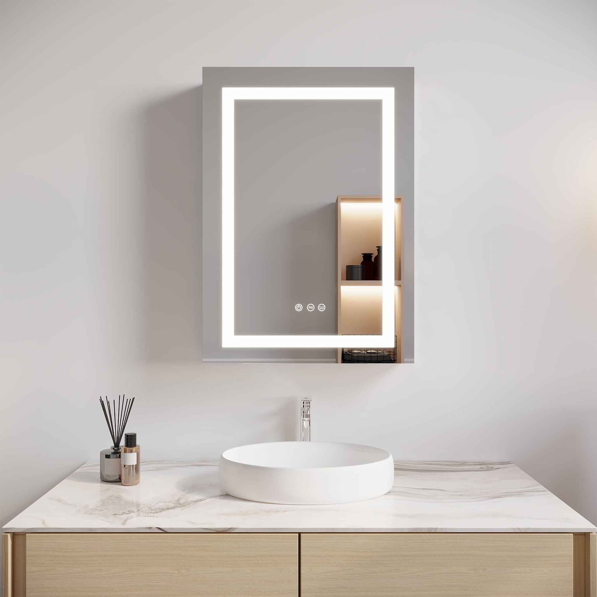 Bathroom Medicine Cabinet With LED Mirror, Anti-Fog, Waterproof, 3000K~6000K Single Door Lighted Bathroom Cabinet With Touch Swich