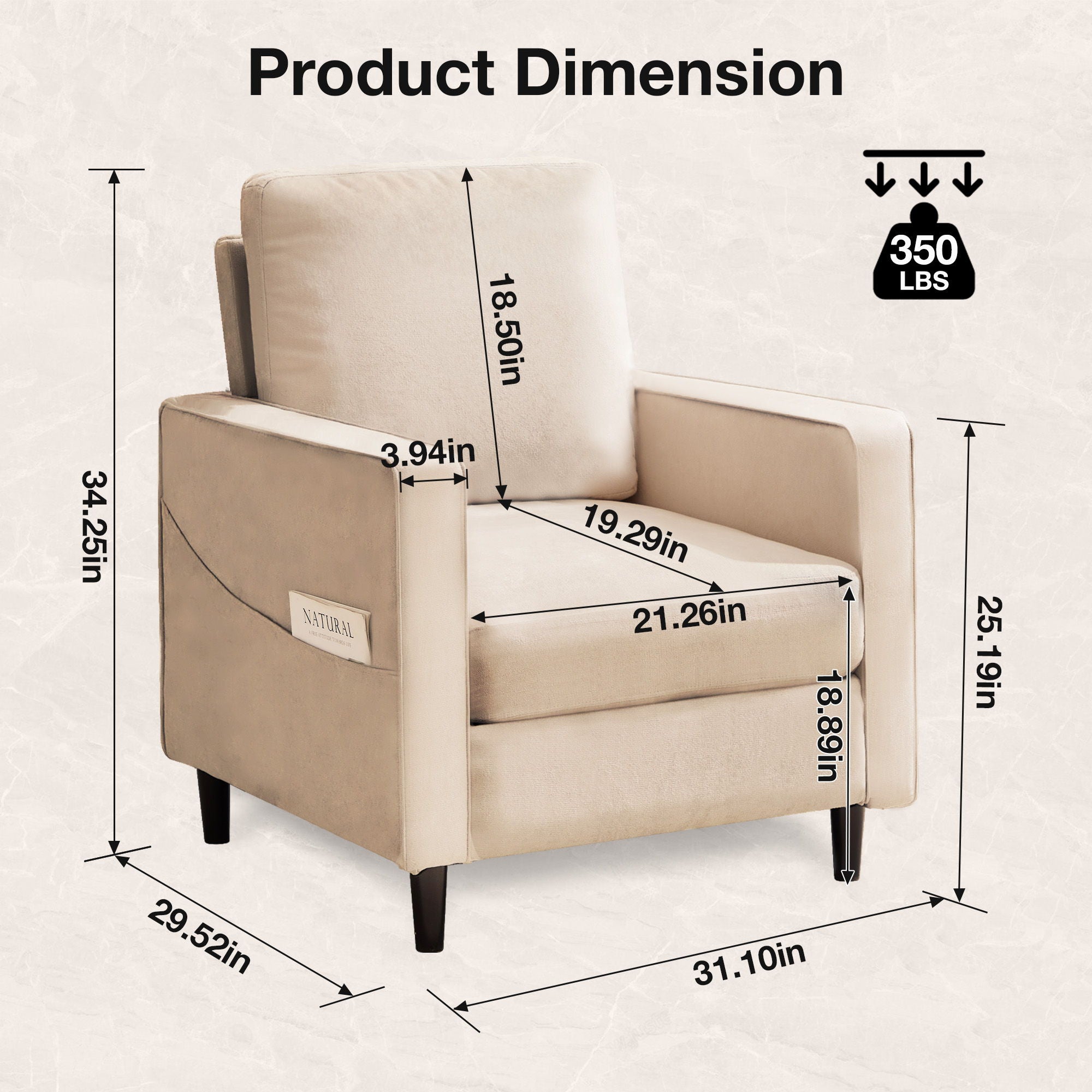 Mid-Century Accent Chair, Modern Linen Armchair For Living Room, Double Side Pockets,, Comfortable And Padded Reading Feature Sofa Chair, Suitable For Bedrooms, Living Rooms, And Offices - Beige