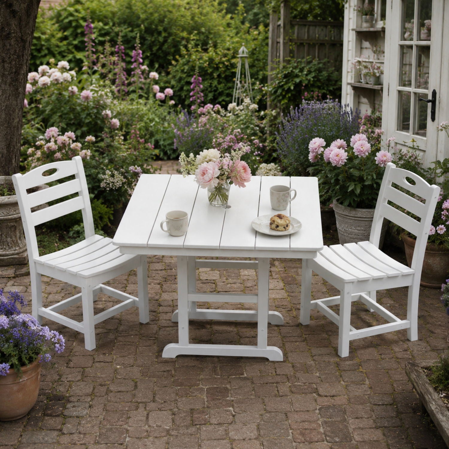Outdoor Patio Dining Set, Square Table With Umbrella Hole And Armless Chairs