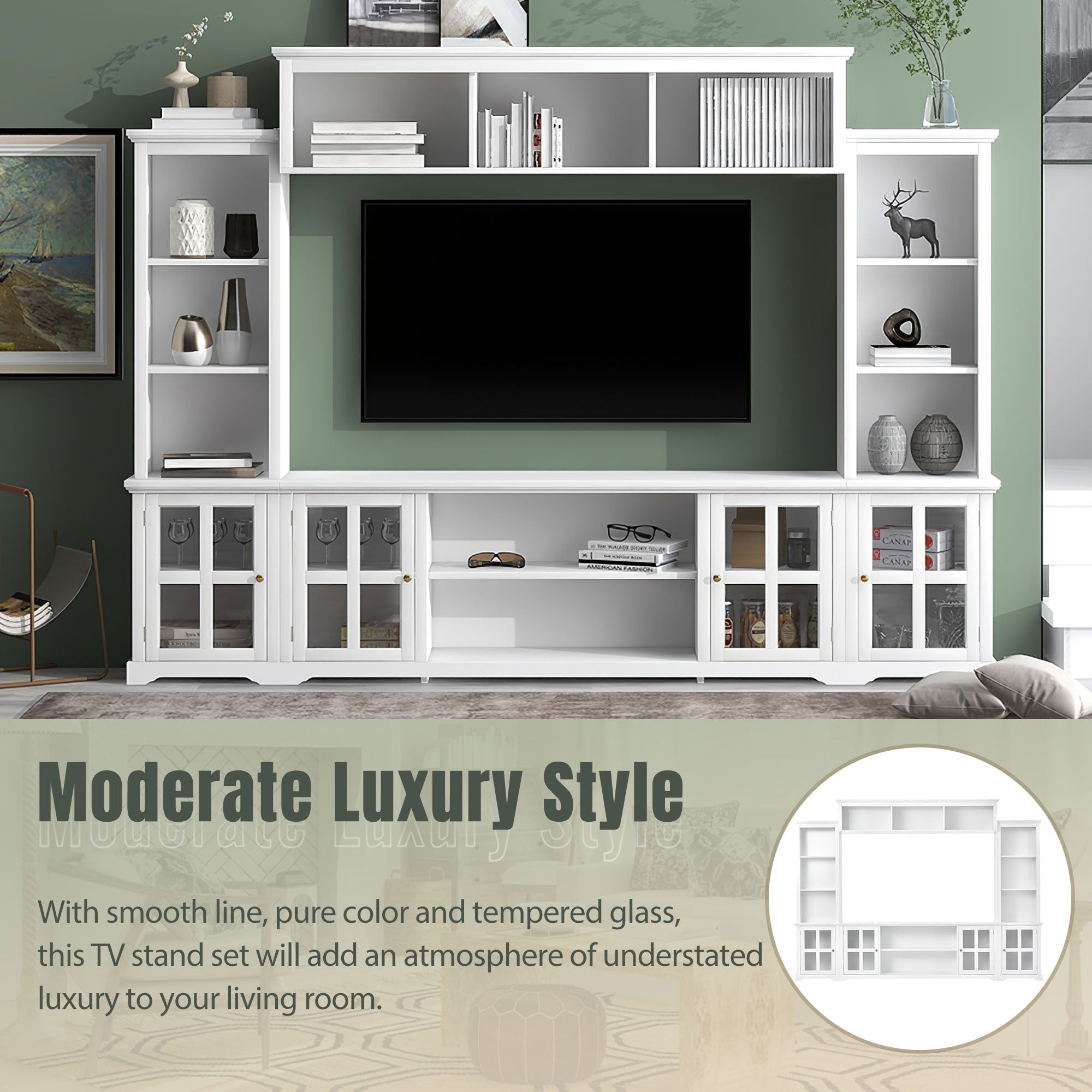 Entertainment Wall Unit with Bridge, Modern TV Console Table for TVs Up to 70", Multifunctional TV Stand with Tempered Glass Door, White