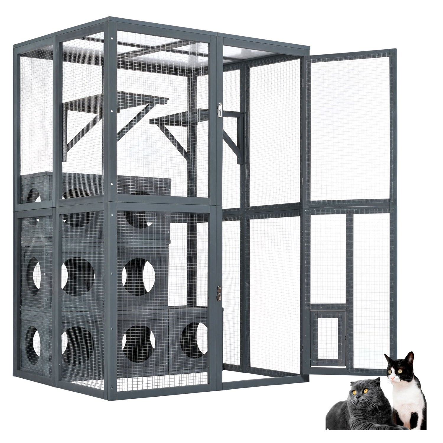 Outdoor Cat House With Shelves And Weather Protection, Removable Wood Boxes - Gray