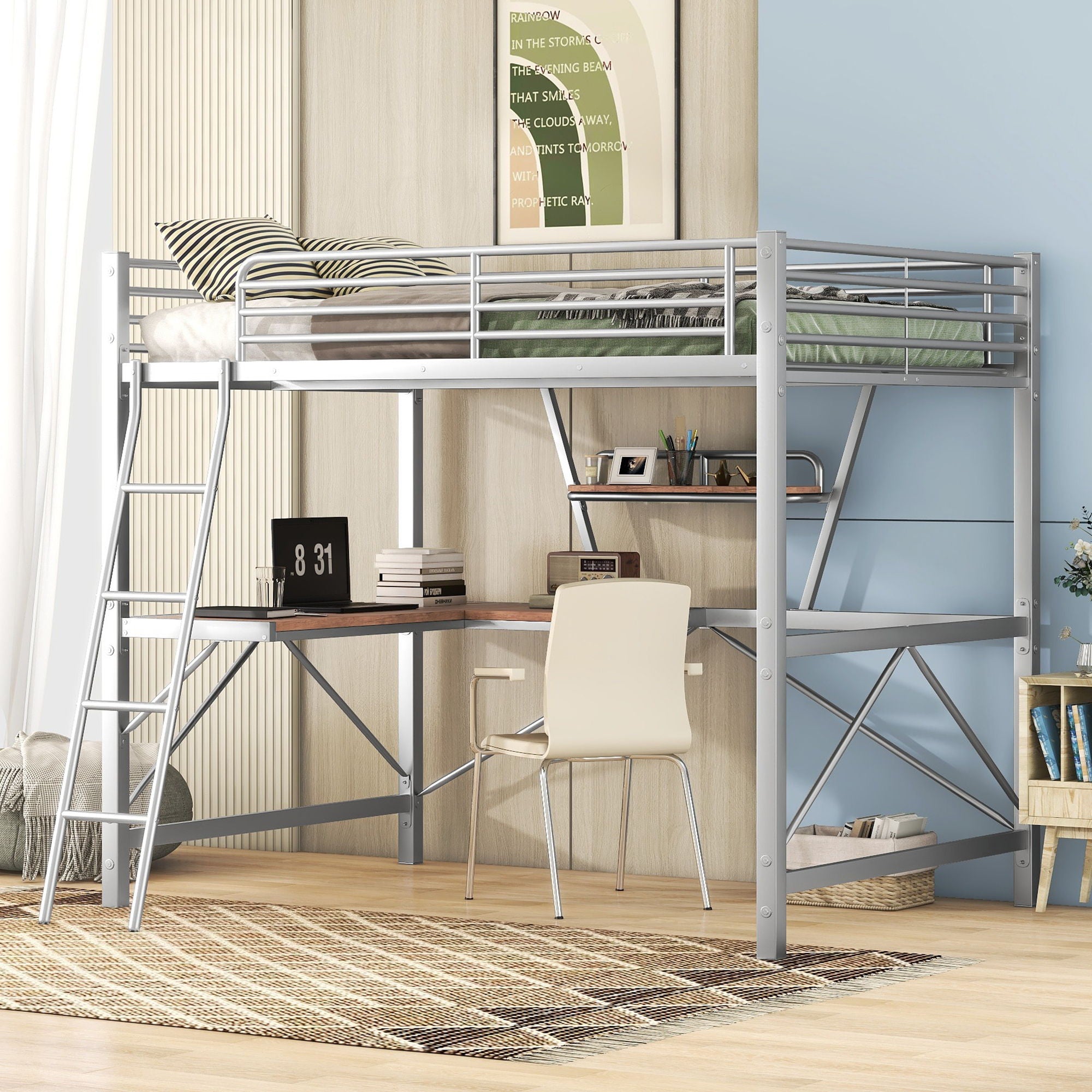 Loft Bed With Desk And Shelf, Modern Design
