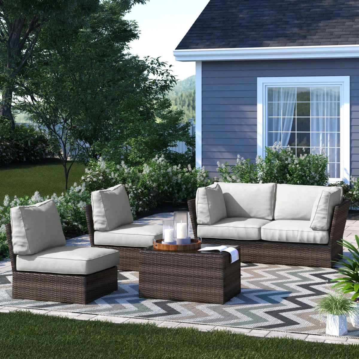 Outdoor Sofa Set With Cushions Seats 4 Weather Resistant Resin - Espresso