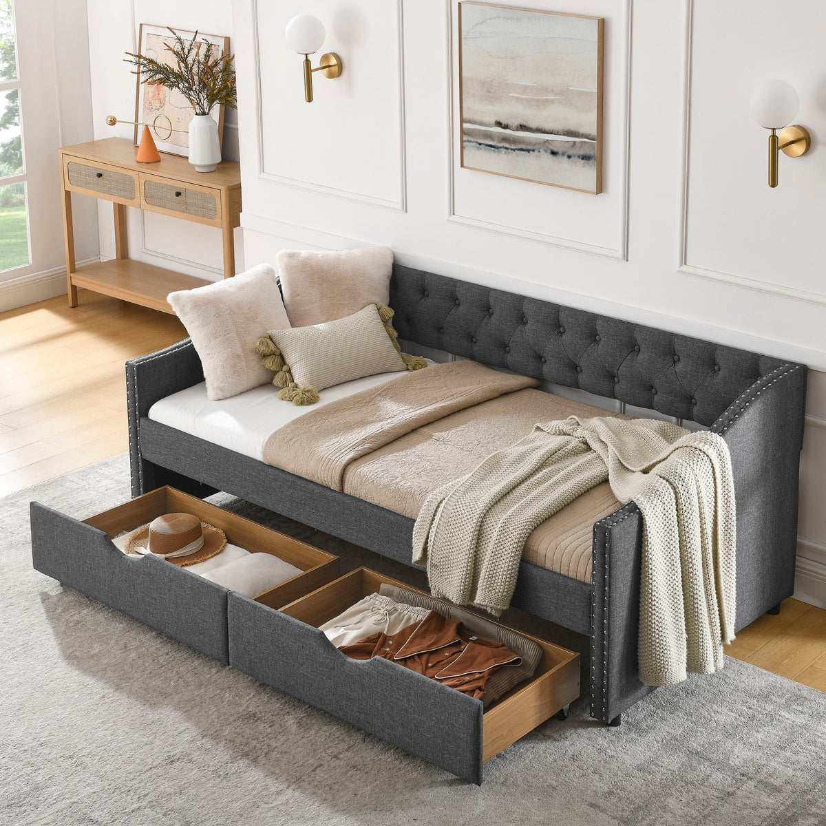 Upholstered Tufted Daybed With 2 Drawers, Waved Arms