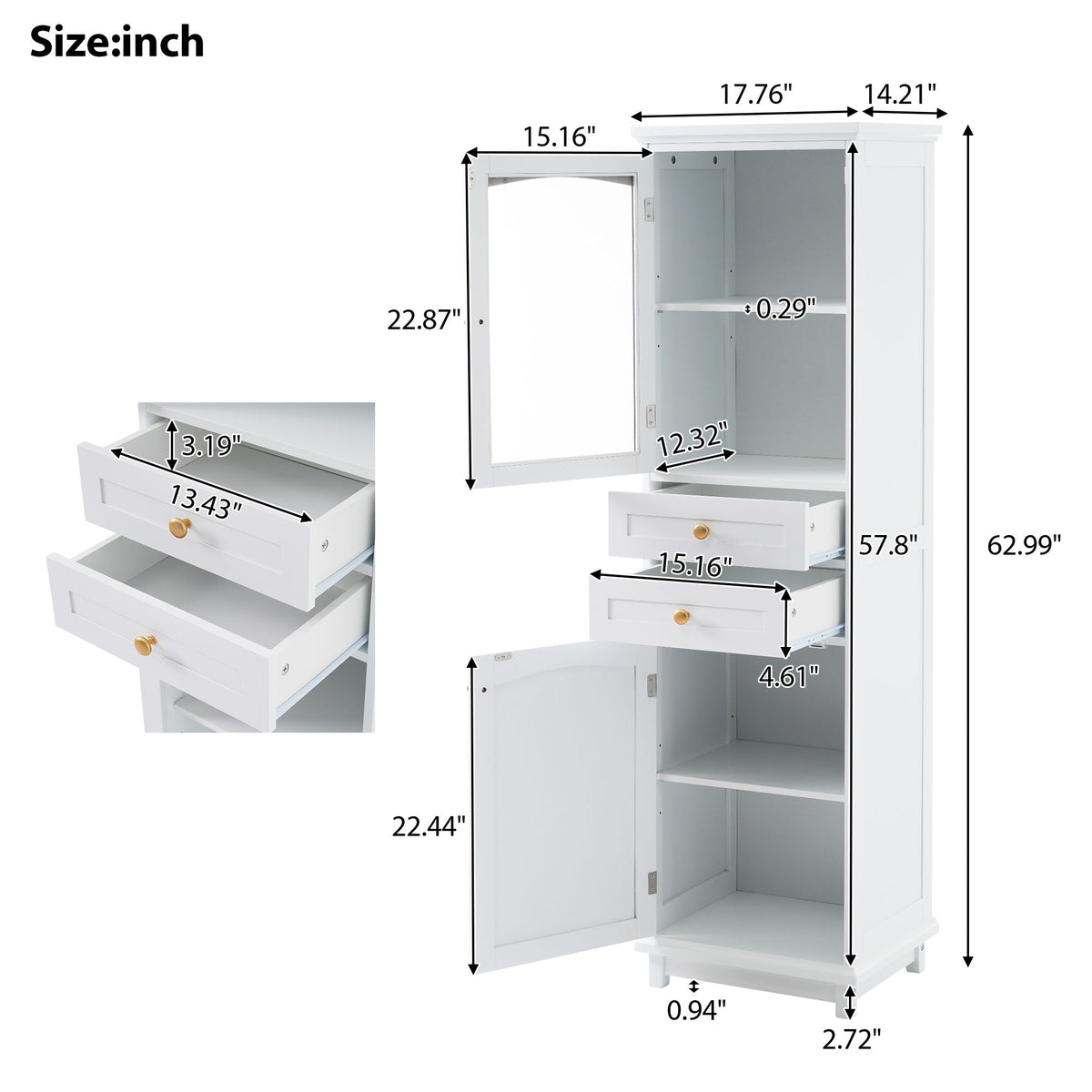 Tall Bathroom Storage Cabinet With Glass Doors, Free-Standing, Two Drawers, And Adjustable Shelves, Board, Painted Perfect For Displaying Your Favorite Items