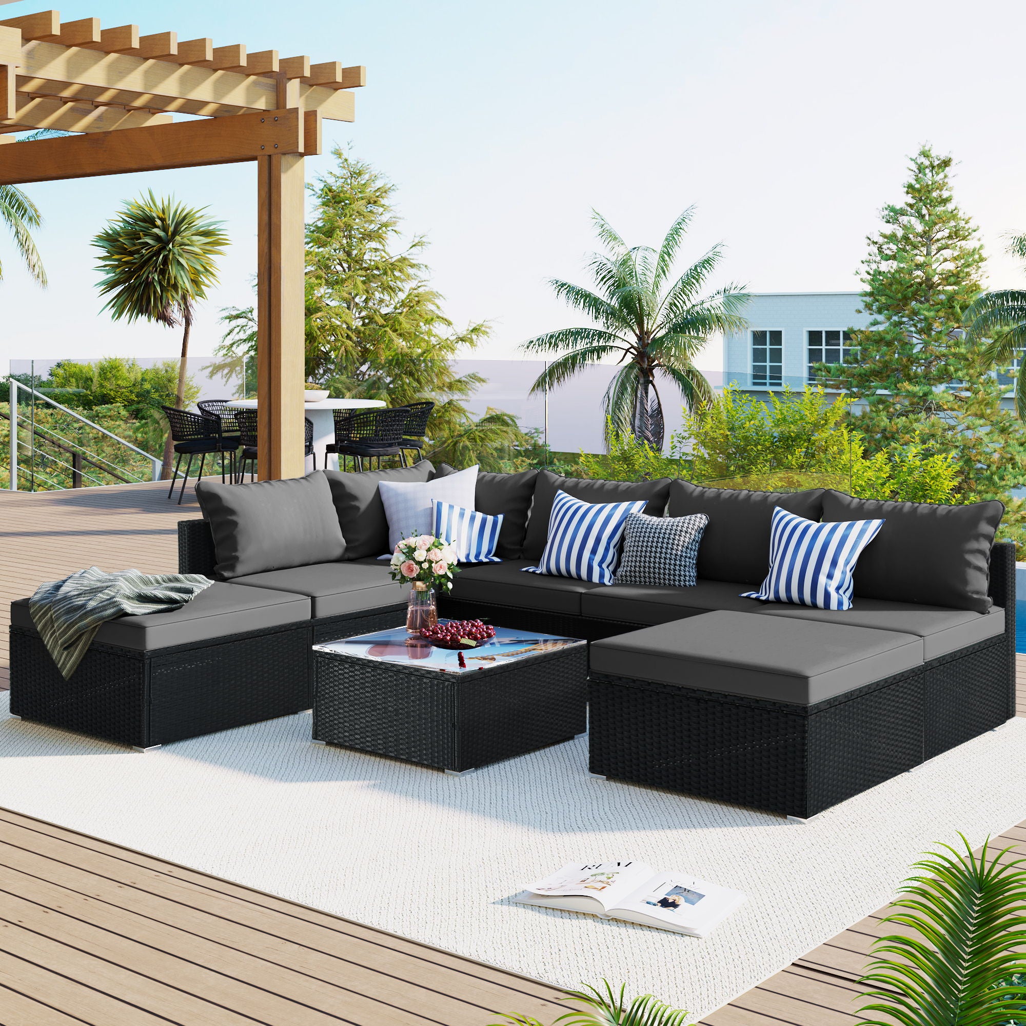8 Pieces Outdoor Patio Furniture Conversation Wicker Sofa Set