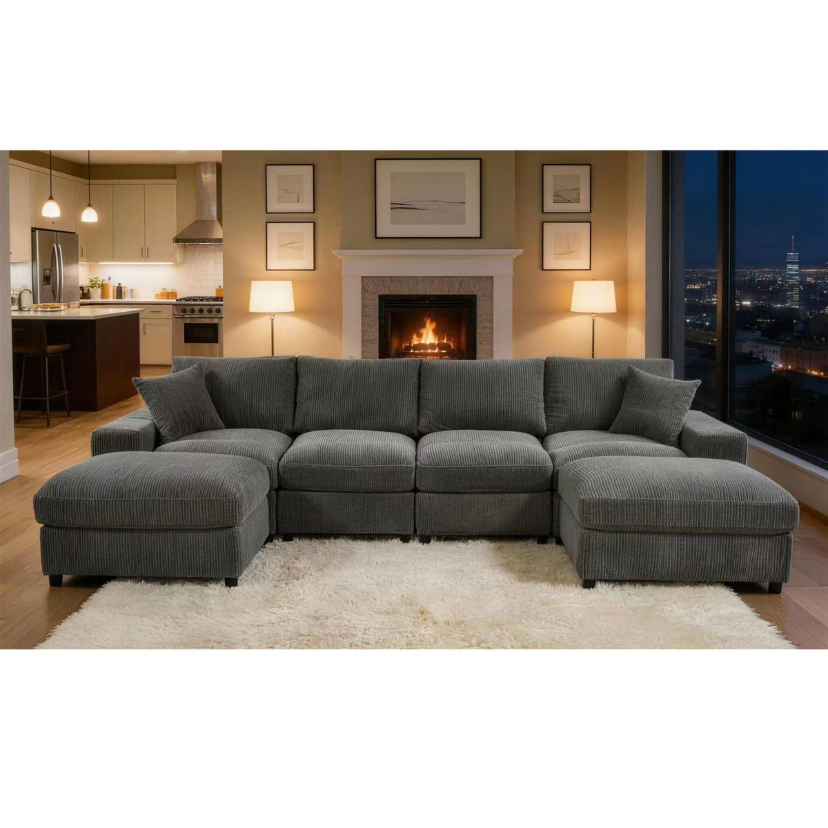 Sectional Sofa With 2 Ottomans And Toss Pillows - Dark Gray