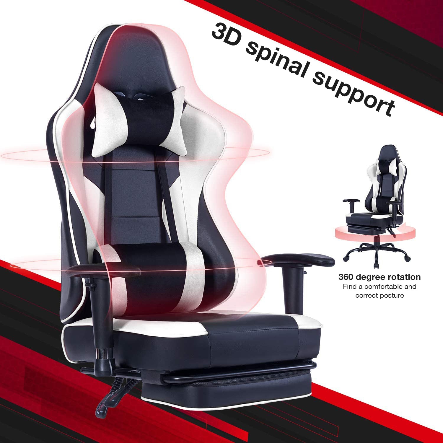 Game chair, ergonomically designed computer chair with headrest and 2D armrests, waist pillow electronic lounge chair with vibration massage function, competitive chair
