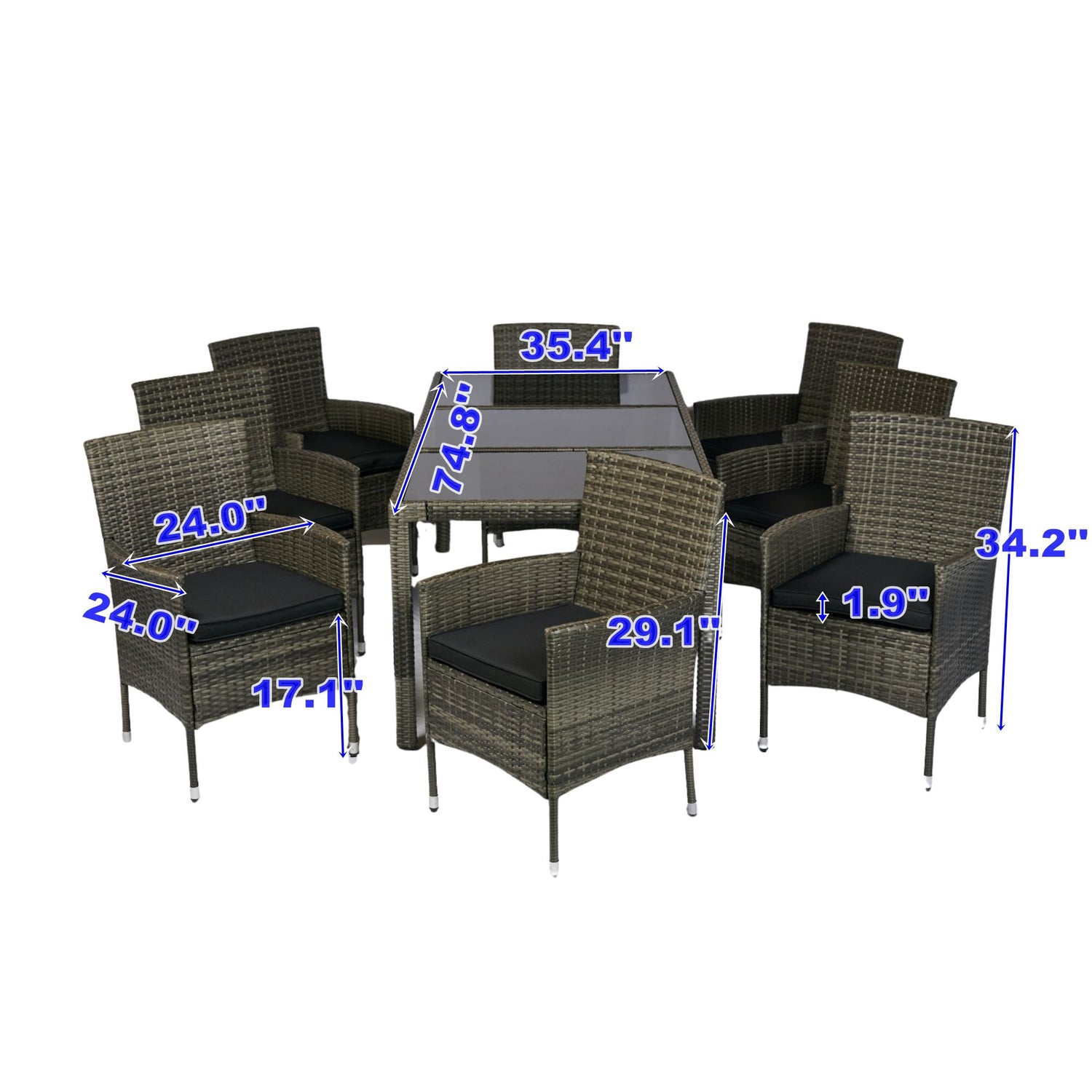 9 Piece Outdoor Patio Wicker Dining Set Patio Wicker Furniture Dining Set Glass Top - Gray / Black