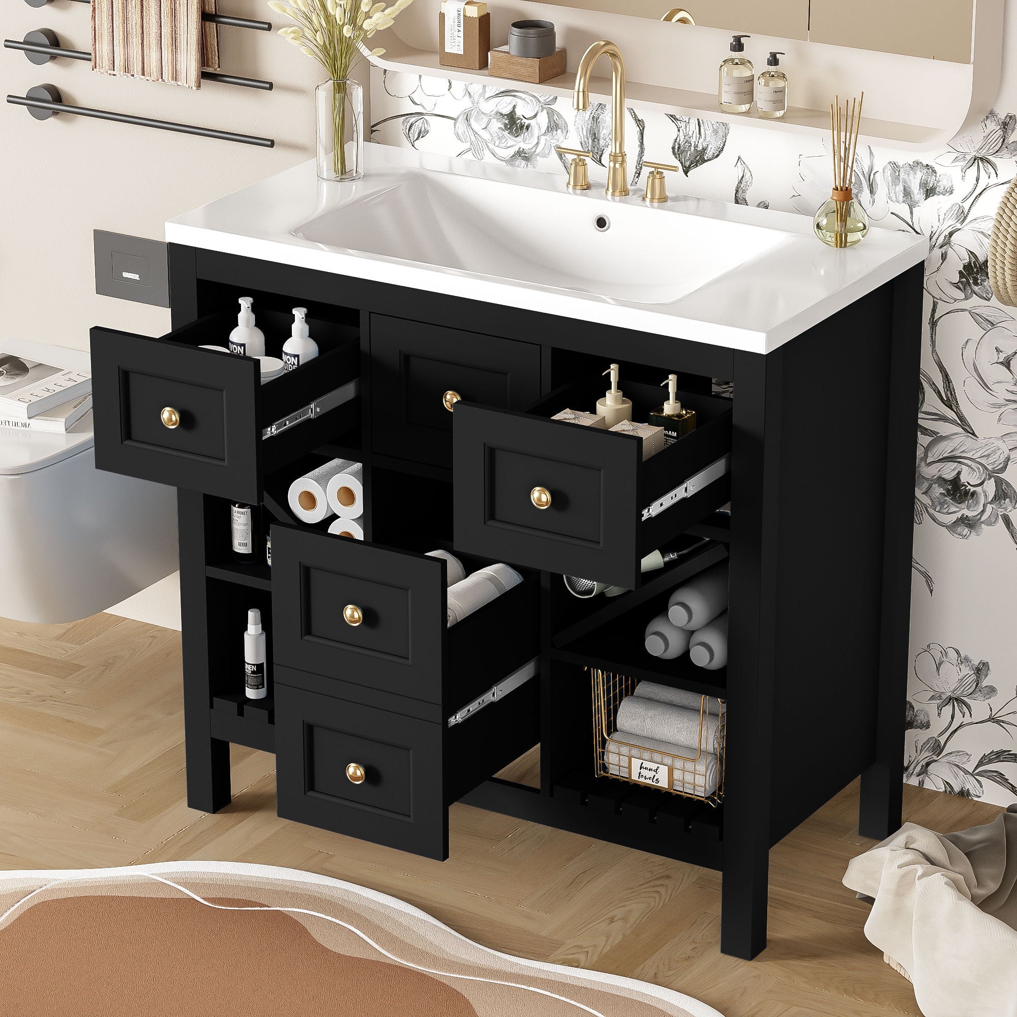 Bathroom Vanity With Sink, Freestanding Set With 5 Drawers