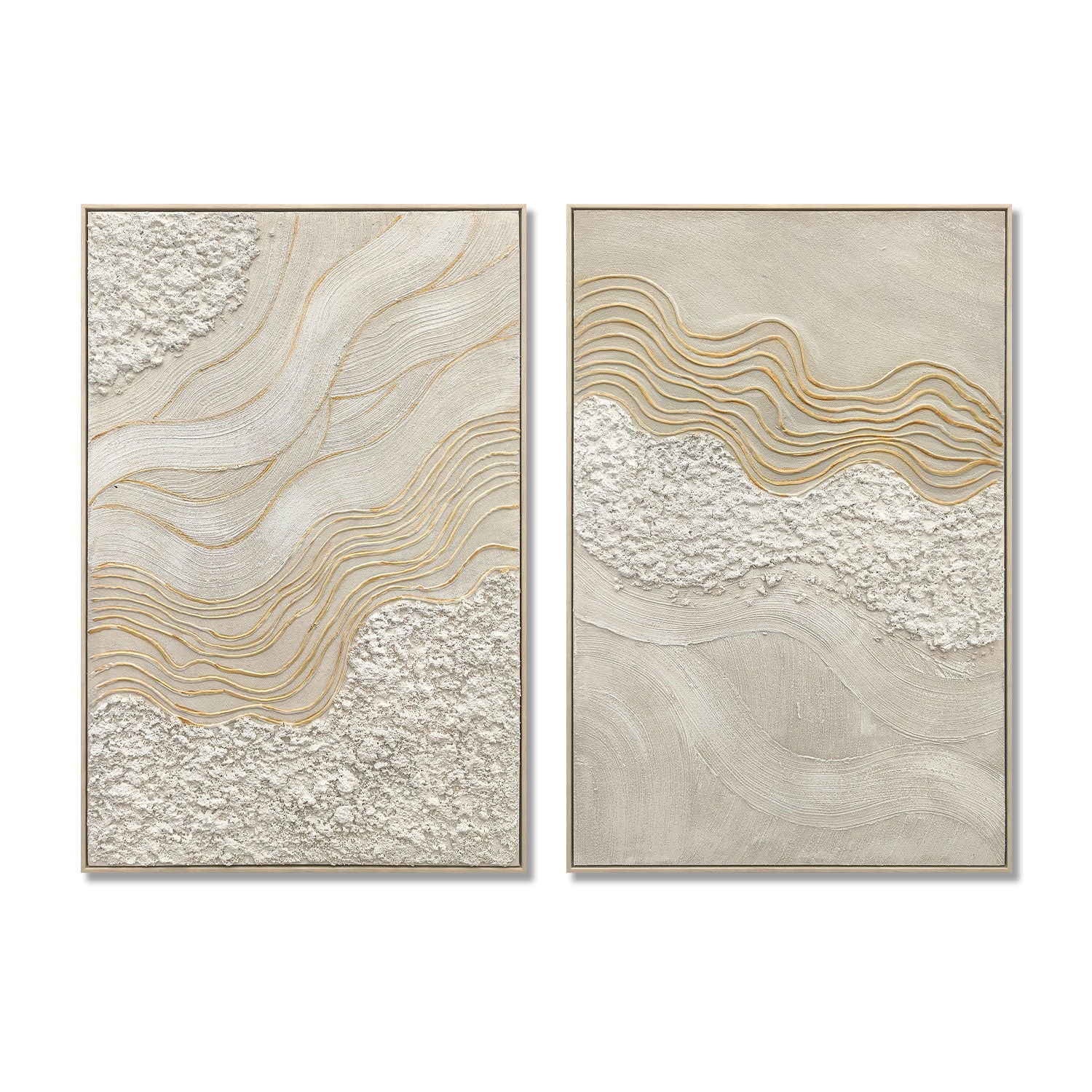 Framed Wall Art, Textured Canvas Painting With Accents, Decor For Living Room (Set of 2) - Antique White
