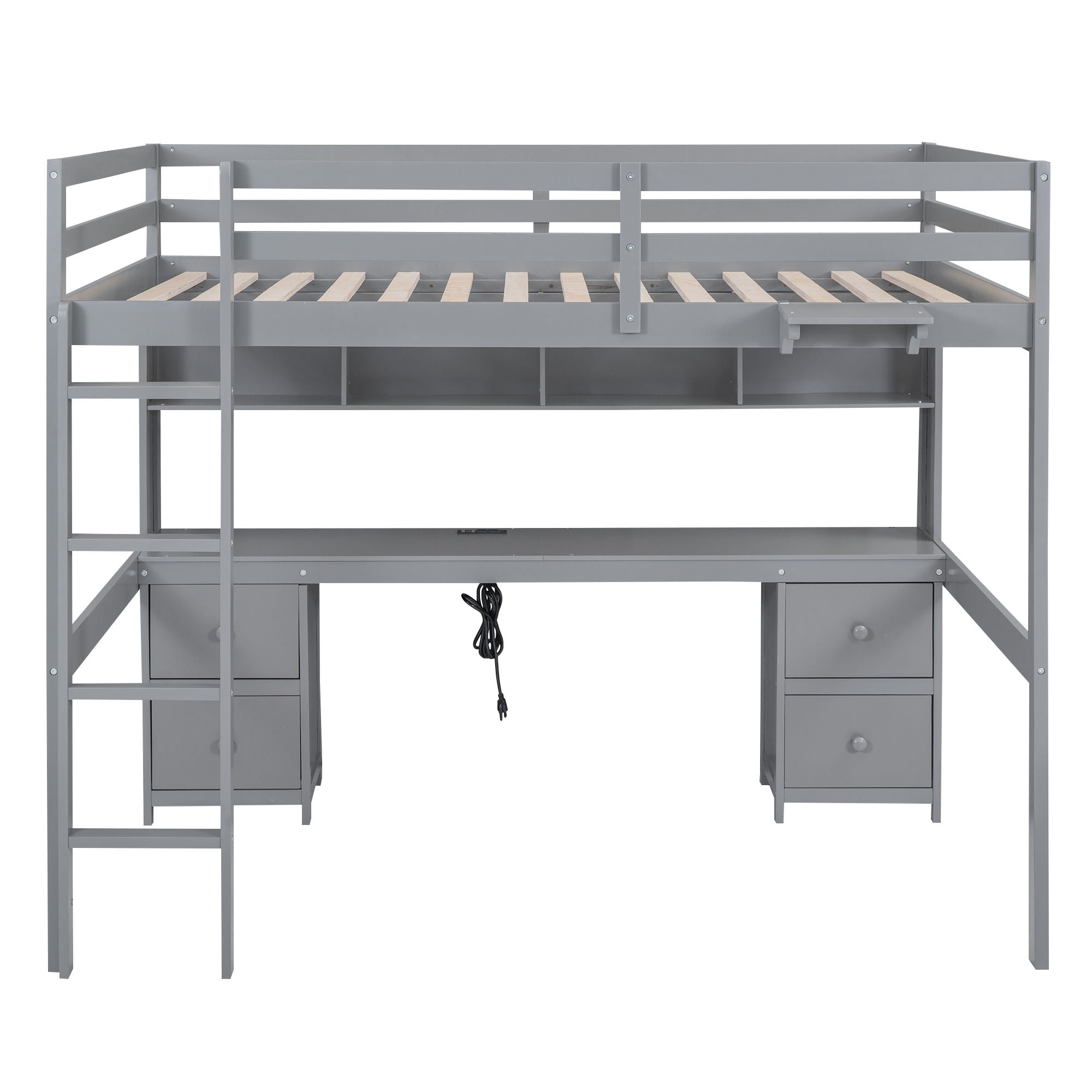 Loft Bed With Desk, Cabinets, Drawers, Charging Station And Bedside Tray