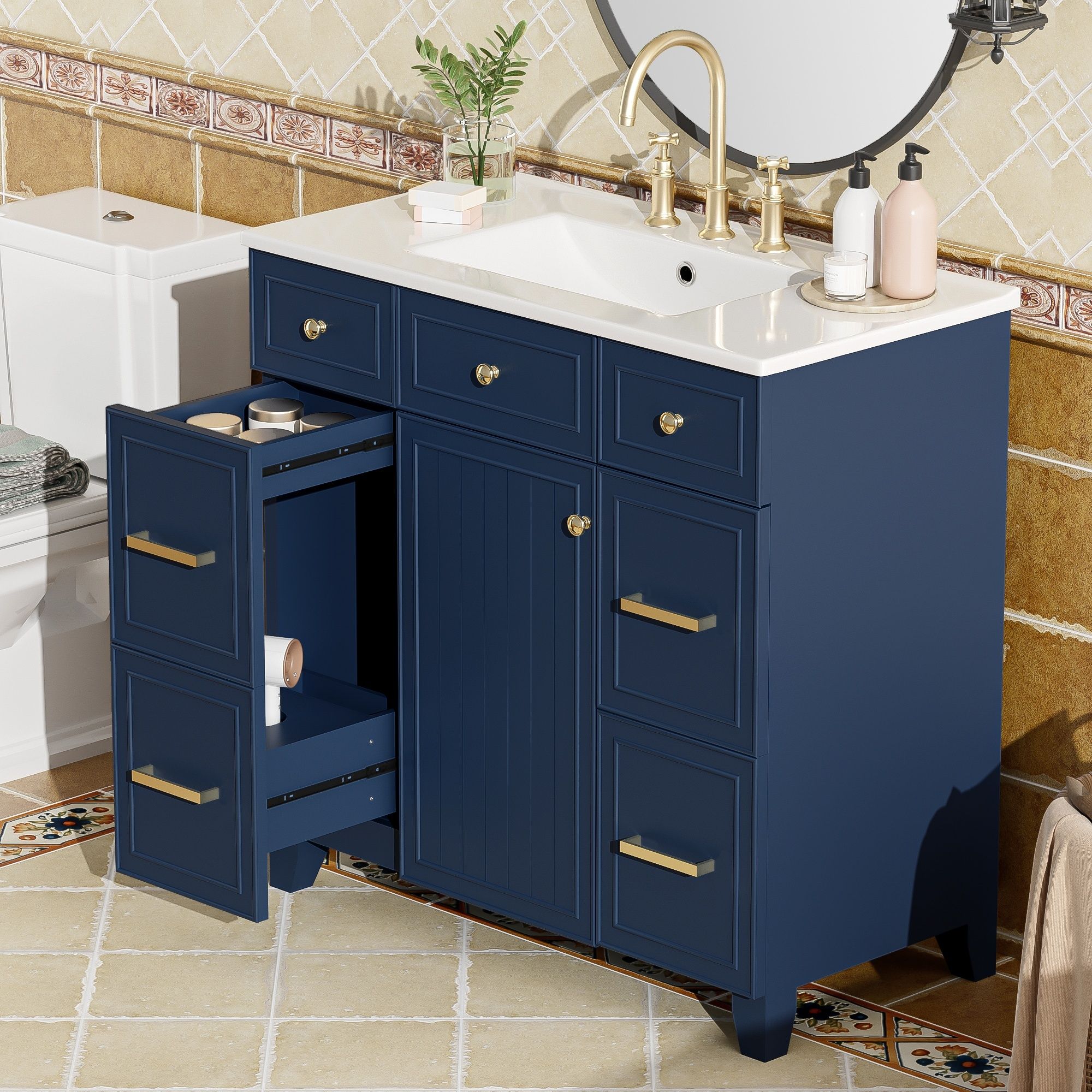 Bathroom Vanity With Ceramic Sink, Soft Close Doors, Adjustable Shelves