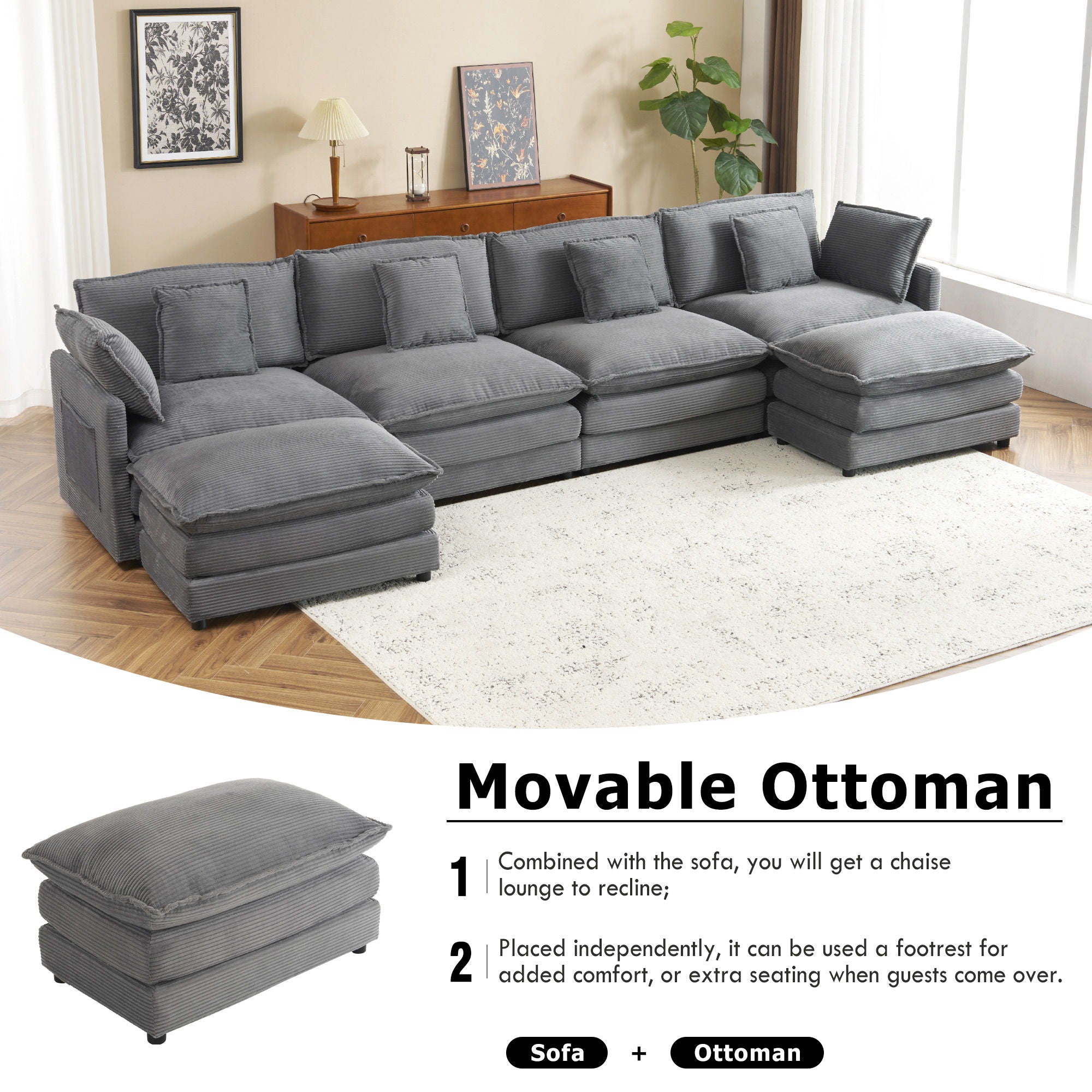 Modern Modular Sectional Sofa With Side Storage Pockets For Living Room