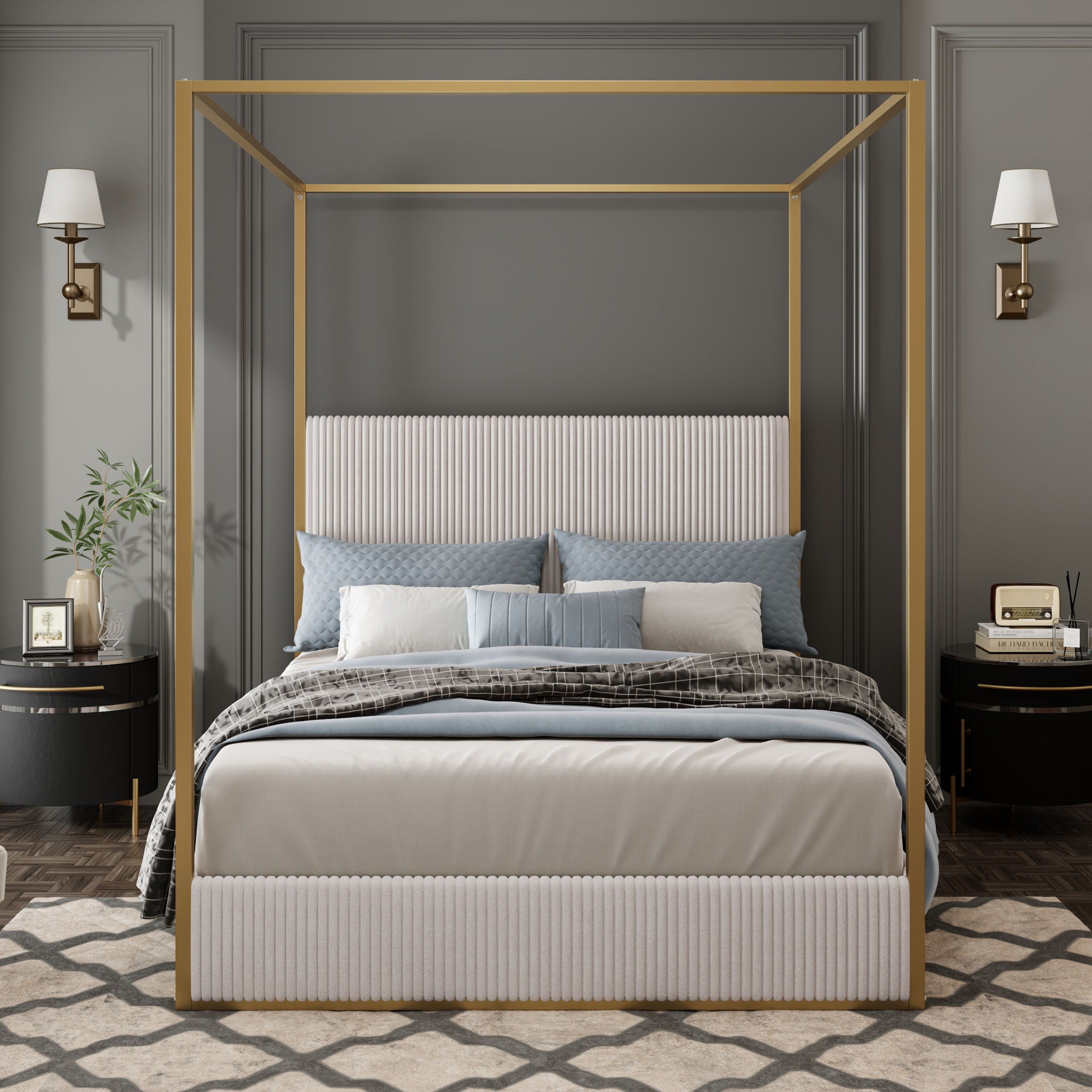 Luxury Canopy Bed With Plush Corduroy Upholstered Headboard