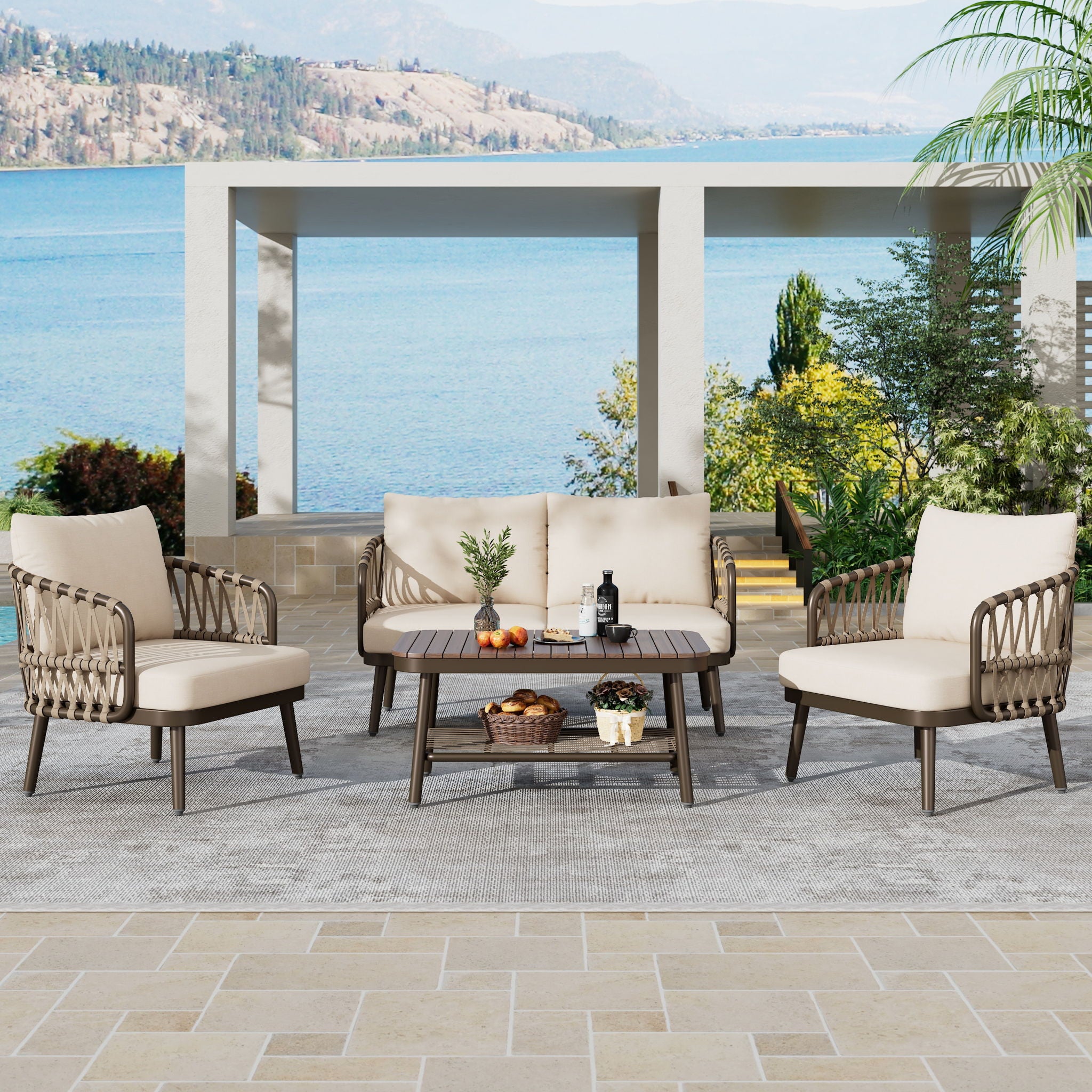 4 Piece Outdoor Patio Furniture Set, Metal Chairs With Woven Rope U Shaped Backrest