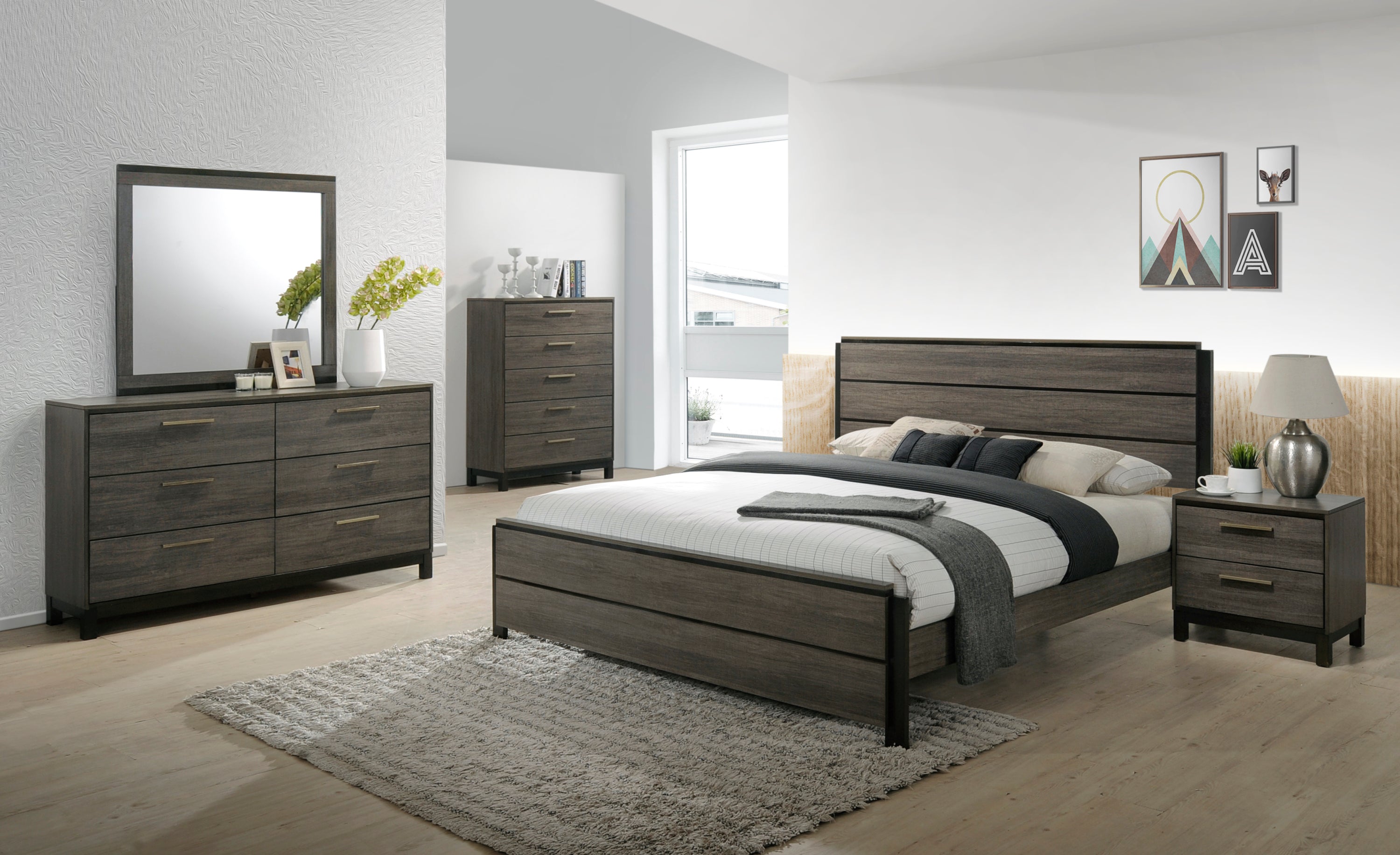 Ioana Antique Grey Finish Wood Bed Room Set, King Size Bed, Dresser, Mirror, Night Stand, Chest