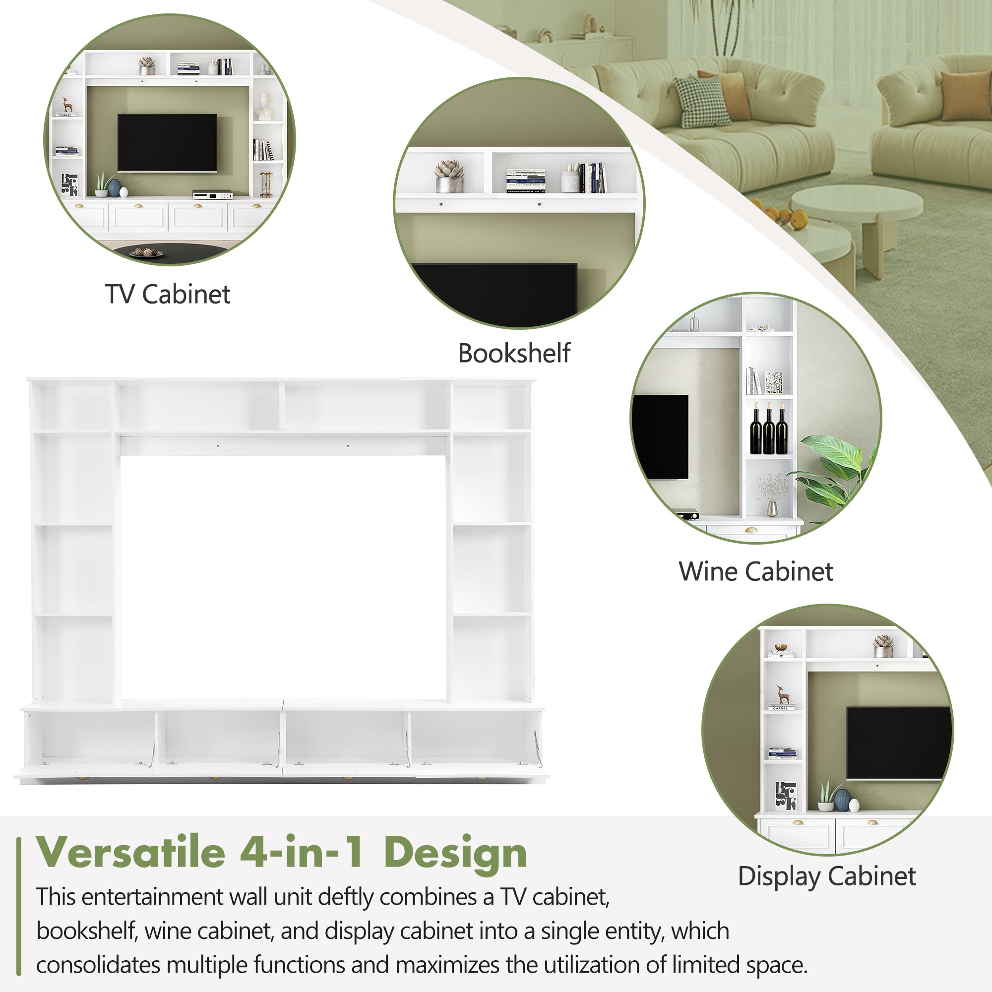 Large Wall Unit Entertainment Center with Bookshelves for TVs Up to 78" Modern TV Console with Cabinets and Open Shelves, 4-in-1 TV Stand with Golden Handles, White, 104.2&