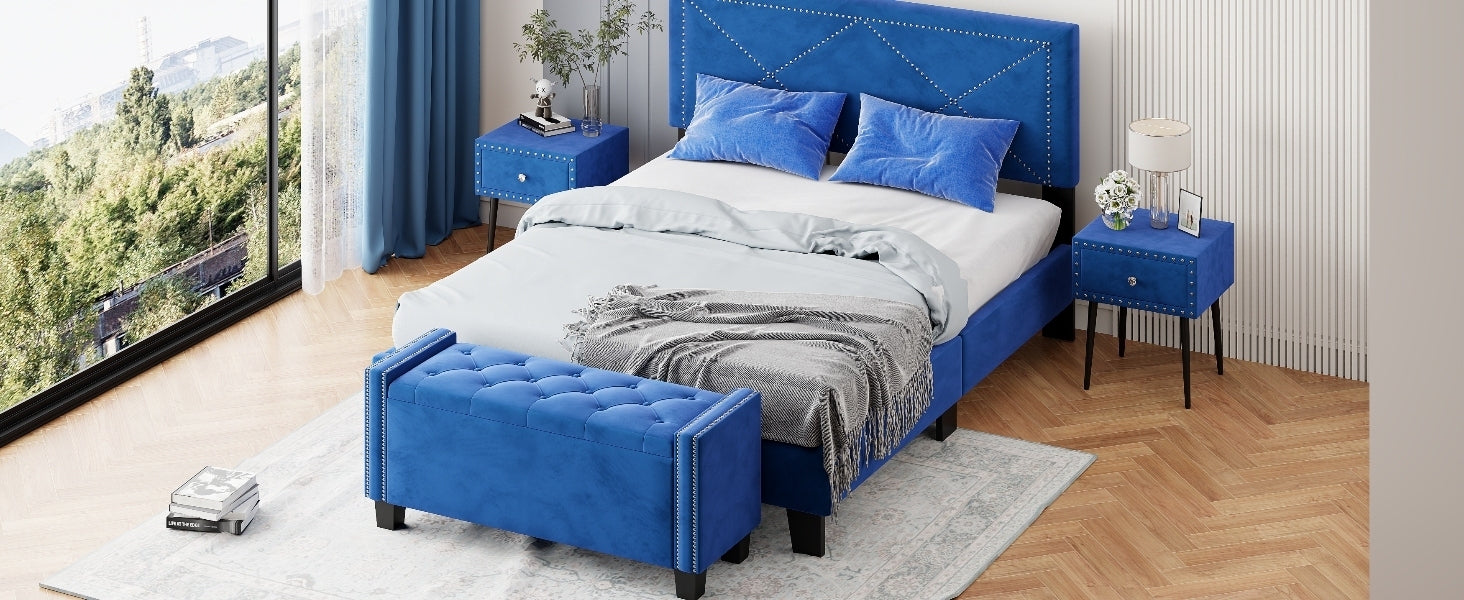 4-Pieces Bedroom Sets Queen Size Upholstered Bed Frame with Rivet Design,Nightstands and Tufted Storage Ottoman,Blue
