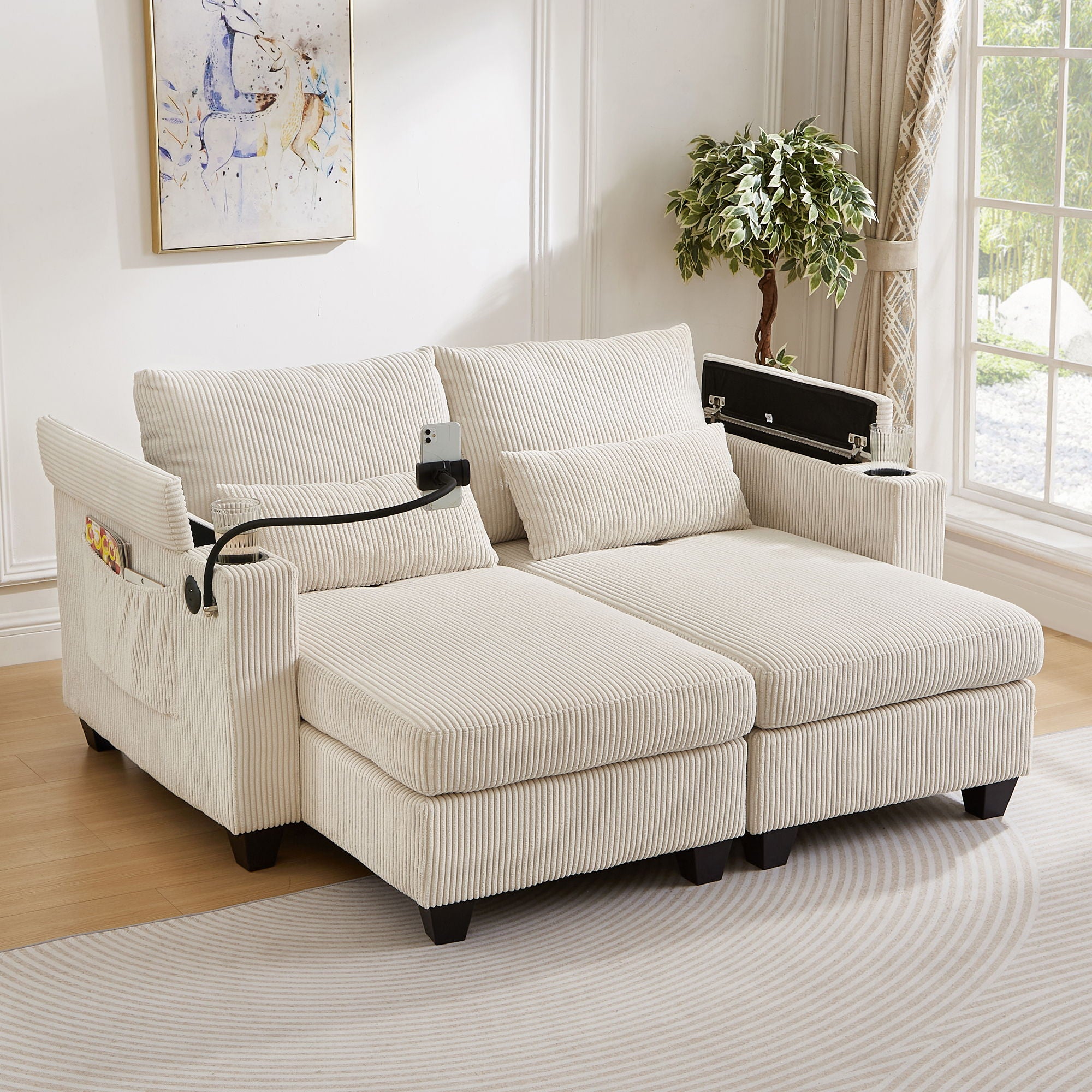 Convertible Chaise Lounge Sofa Chair With USB Ports, Cup Holders, Phone Holder And Storage