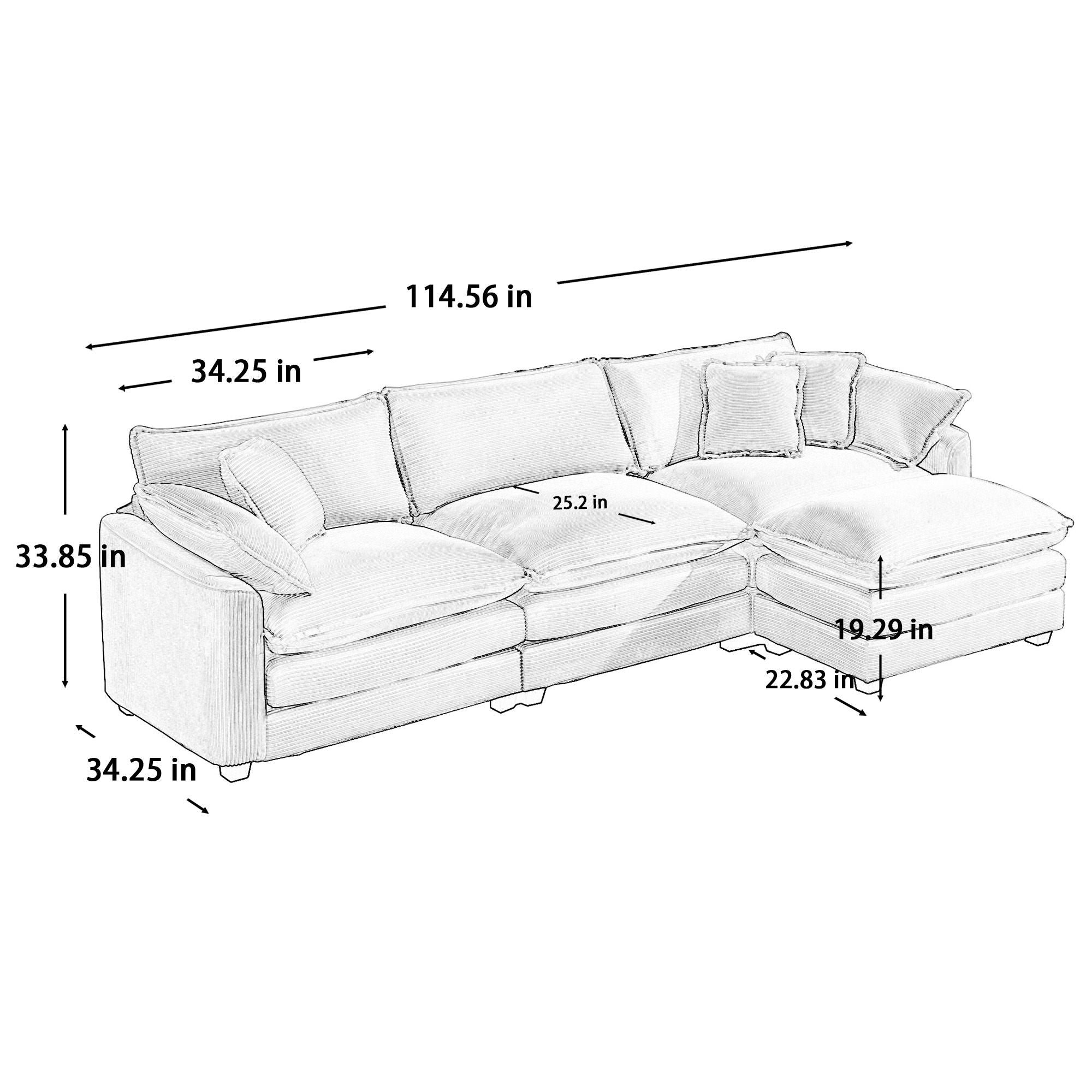 Oversized Modular Cushion Sofa With Ottoman, Low Back, Deep Seating Sofa Set