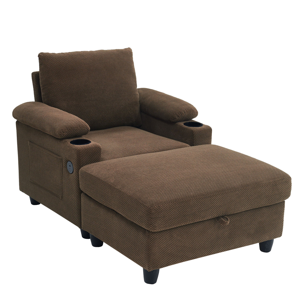 Accent Chair With Storage Ottoman, Reclining Single Chaise Lounge With Cupholders And USB, C Ports