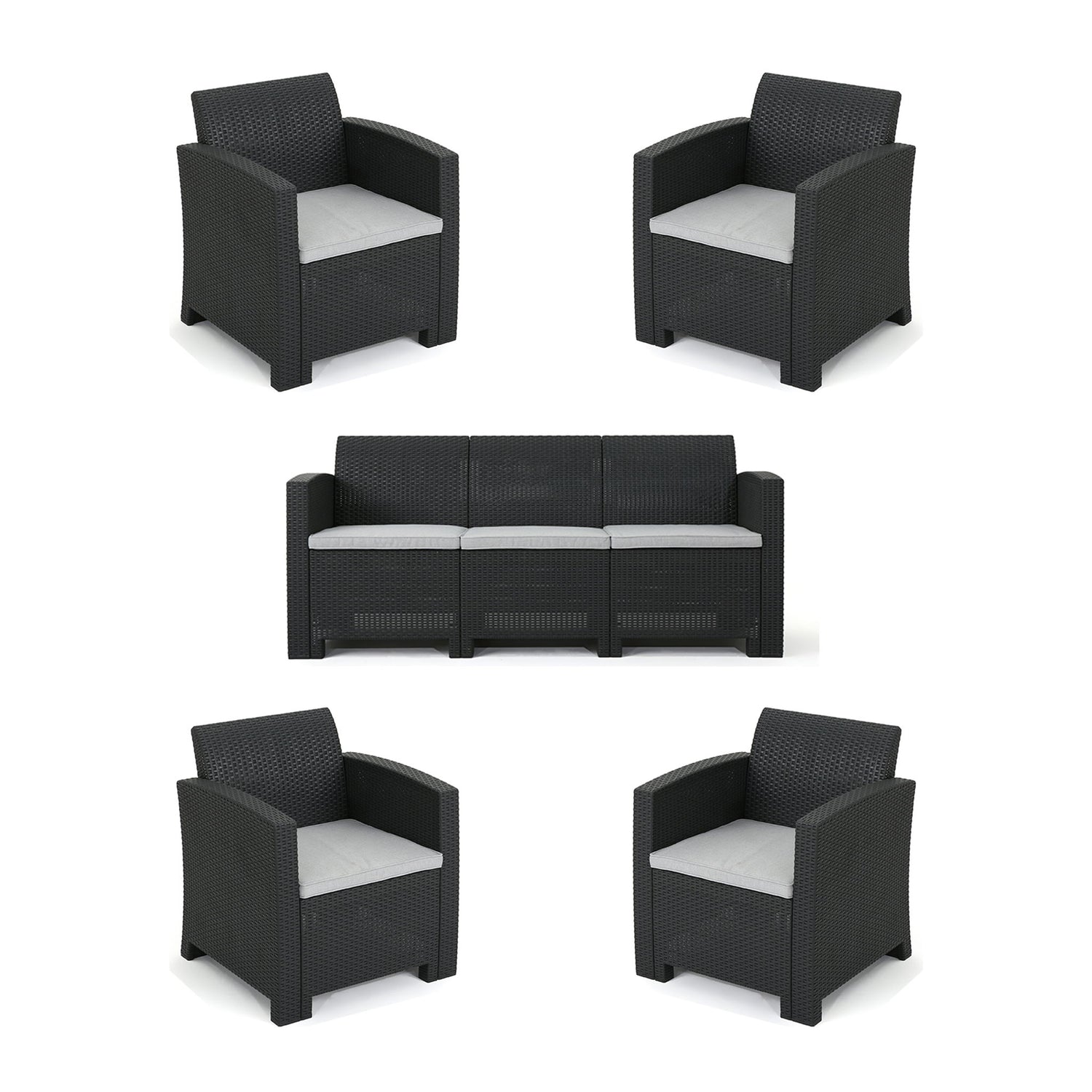 Outdoor Faux Wicker Rattan Style Chat Set With Water Resistant Cushions, 5 Pieces Set - Charcoal / Light Gray