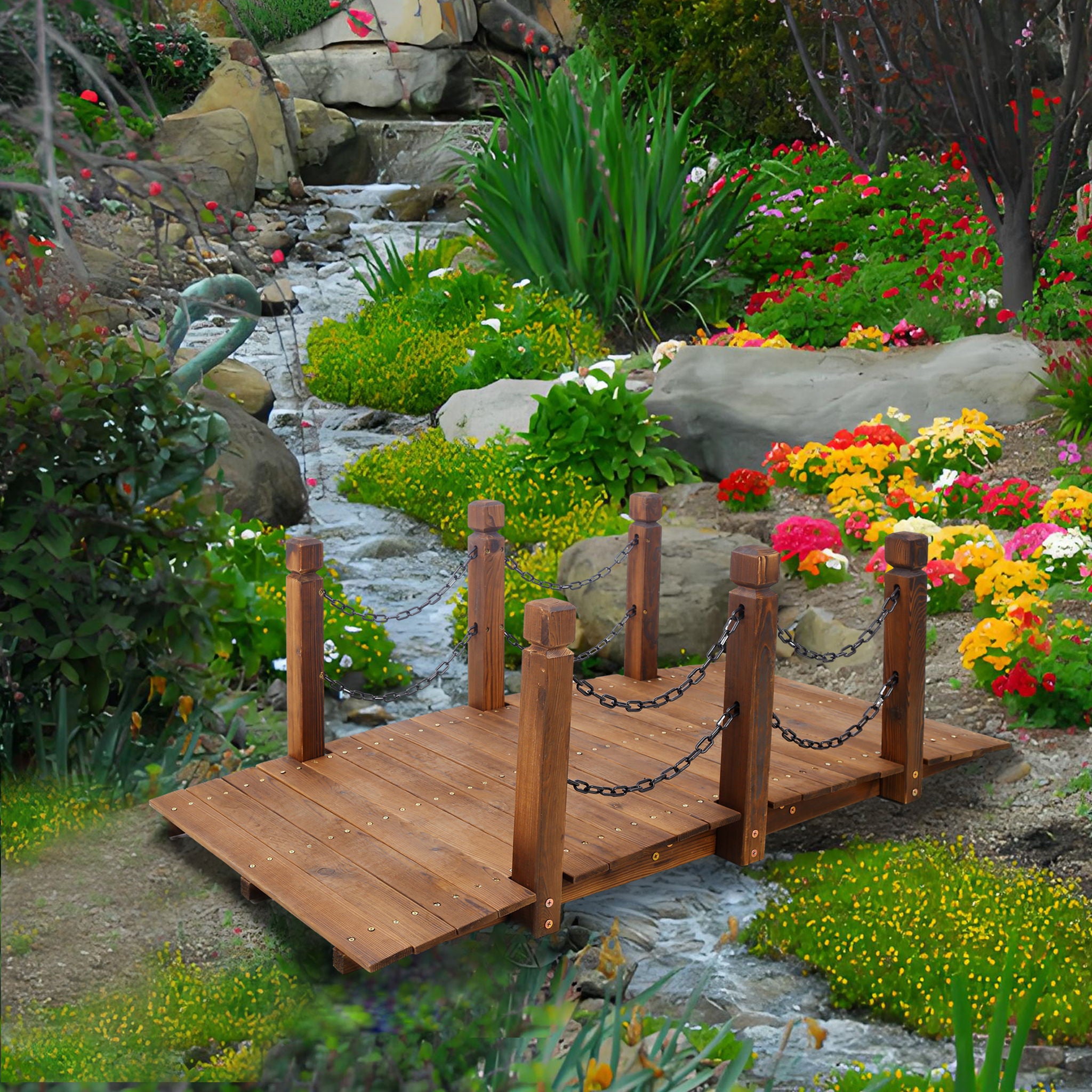 Wooden Arc Footbridge With Chain Railings For Backyard Creek Stained 5 Ft - Brown