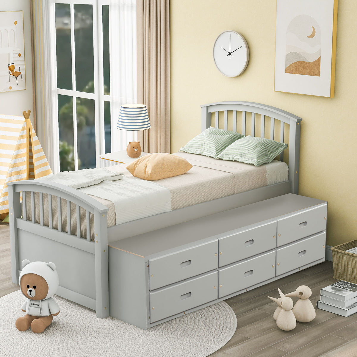 Twin Size Platform Storage Bed Solid Wood Bed With 6 Drawers - Gray