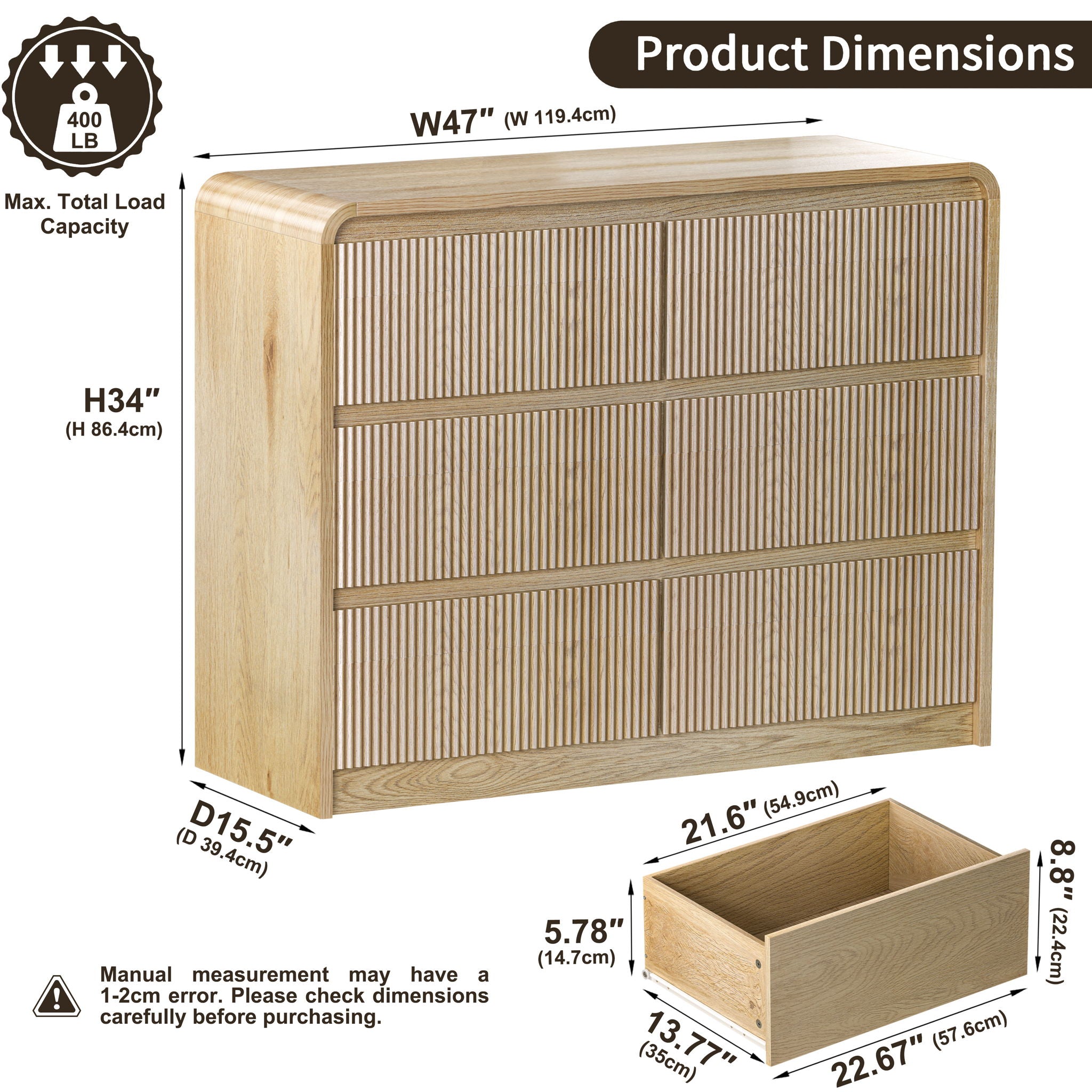 6 Drawer Dresser With Fluted Panel For Bedroom - Beige / Natural
