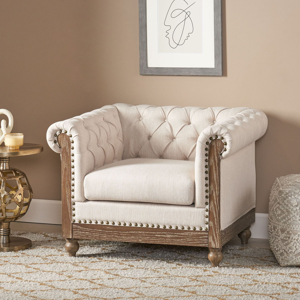 Fabric Upholstered Club Chair With Scrolled Tuxedo Arms
