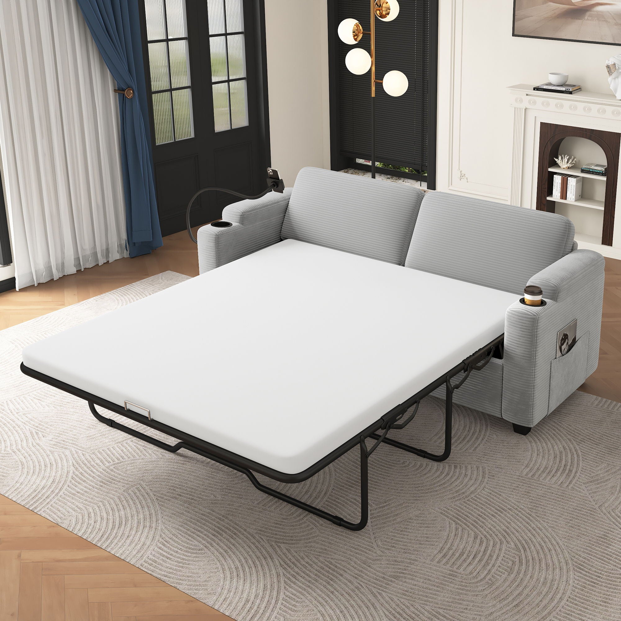 Sleeper Sofa Loveseat Sofa With Full Size Mattress, 2 USB Ports, 2 Cup Holders, 2 Side Pockets And Phone Holder