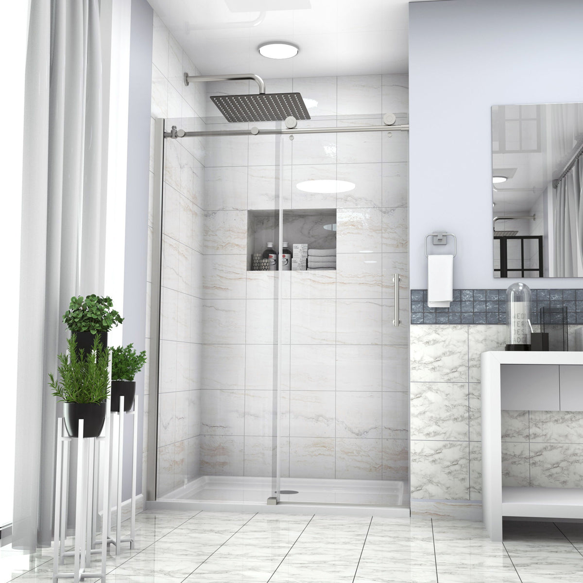 Shower Door Single Sliding Bypass Enclosure - Brushed Silver